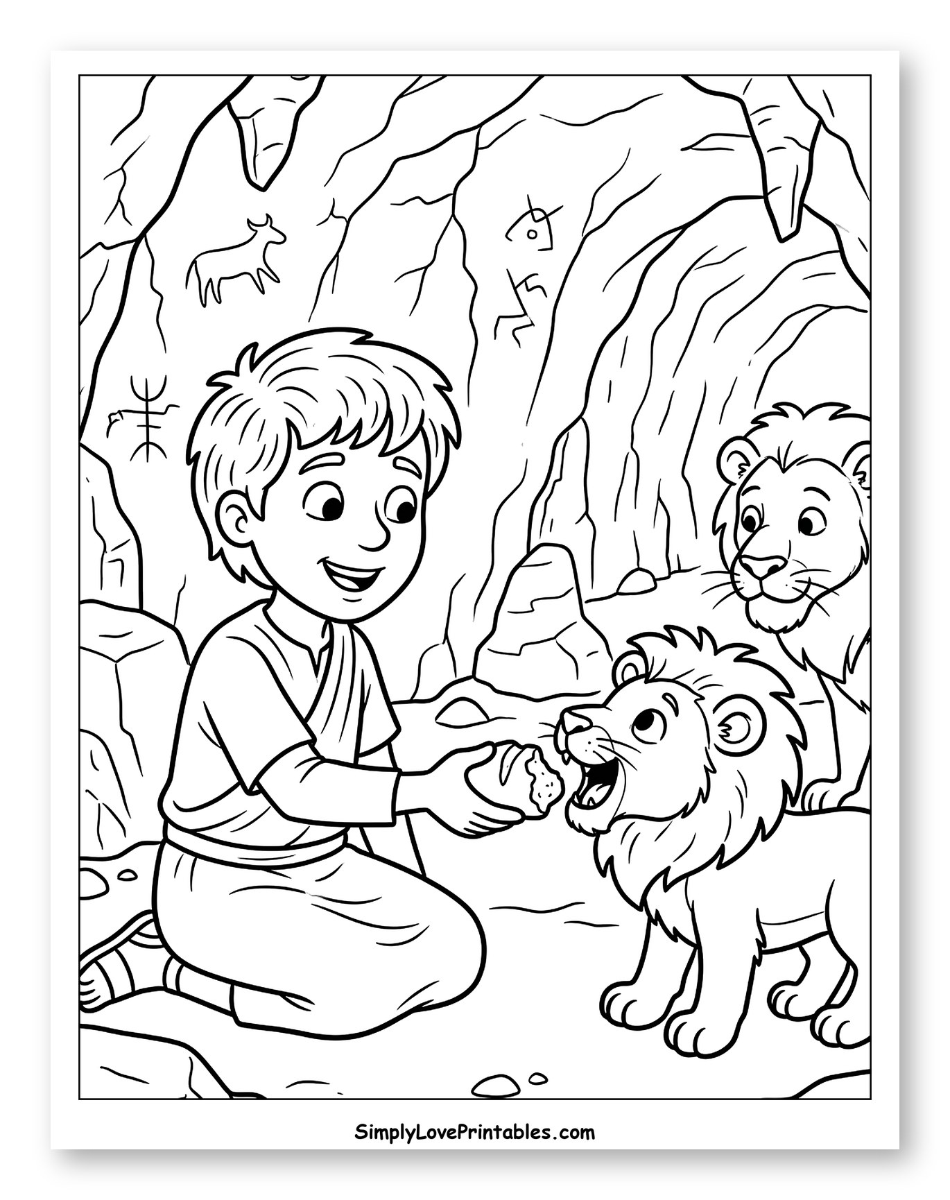 Daniel and Lions Having a Snack Coloring Sheet for Kids