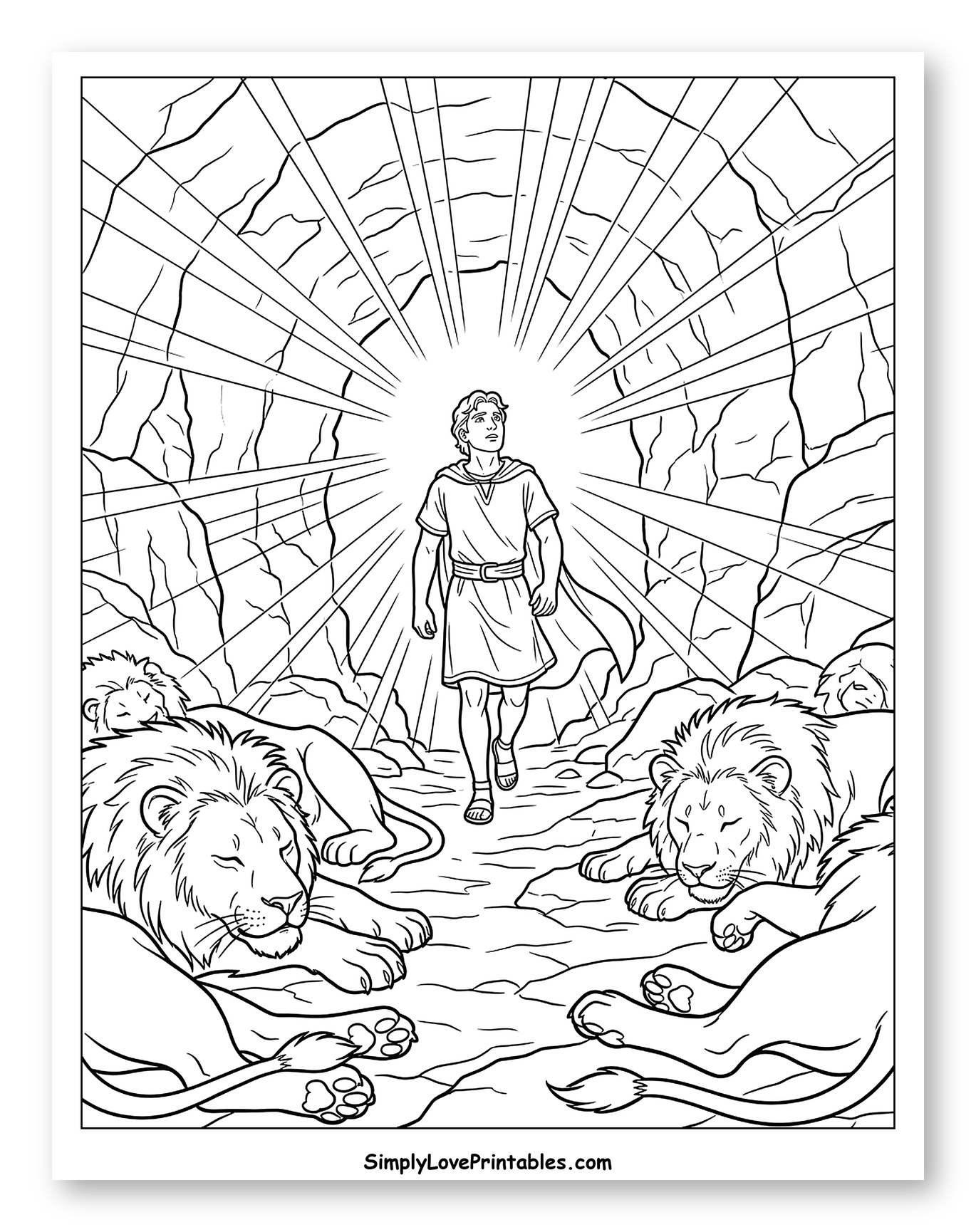 Daniel in the Lion's Den with Peaceful Lions to Color