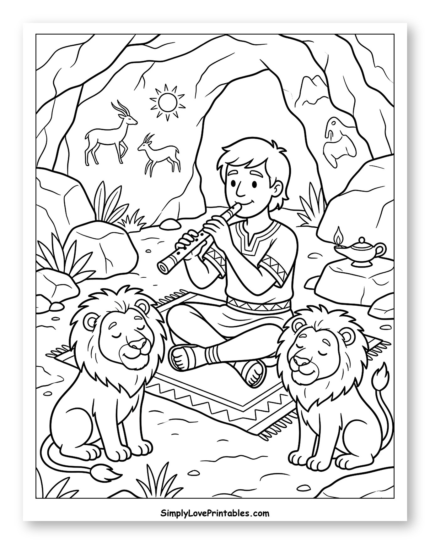 Daniel Playing a Simple Flute for Lions Coloring Sheet for Kids