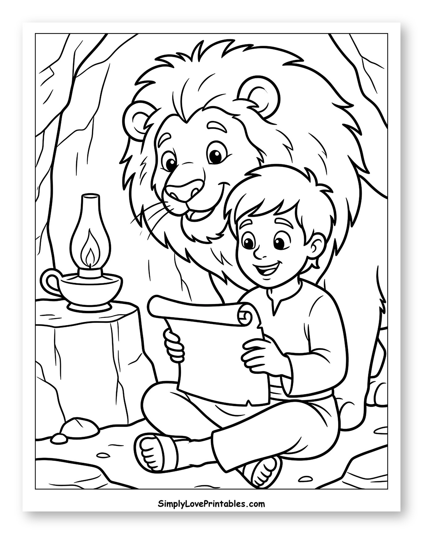 Daniel Reading a Scroll with a Lion Coloring Page for Kids