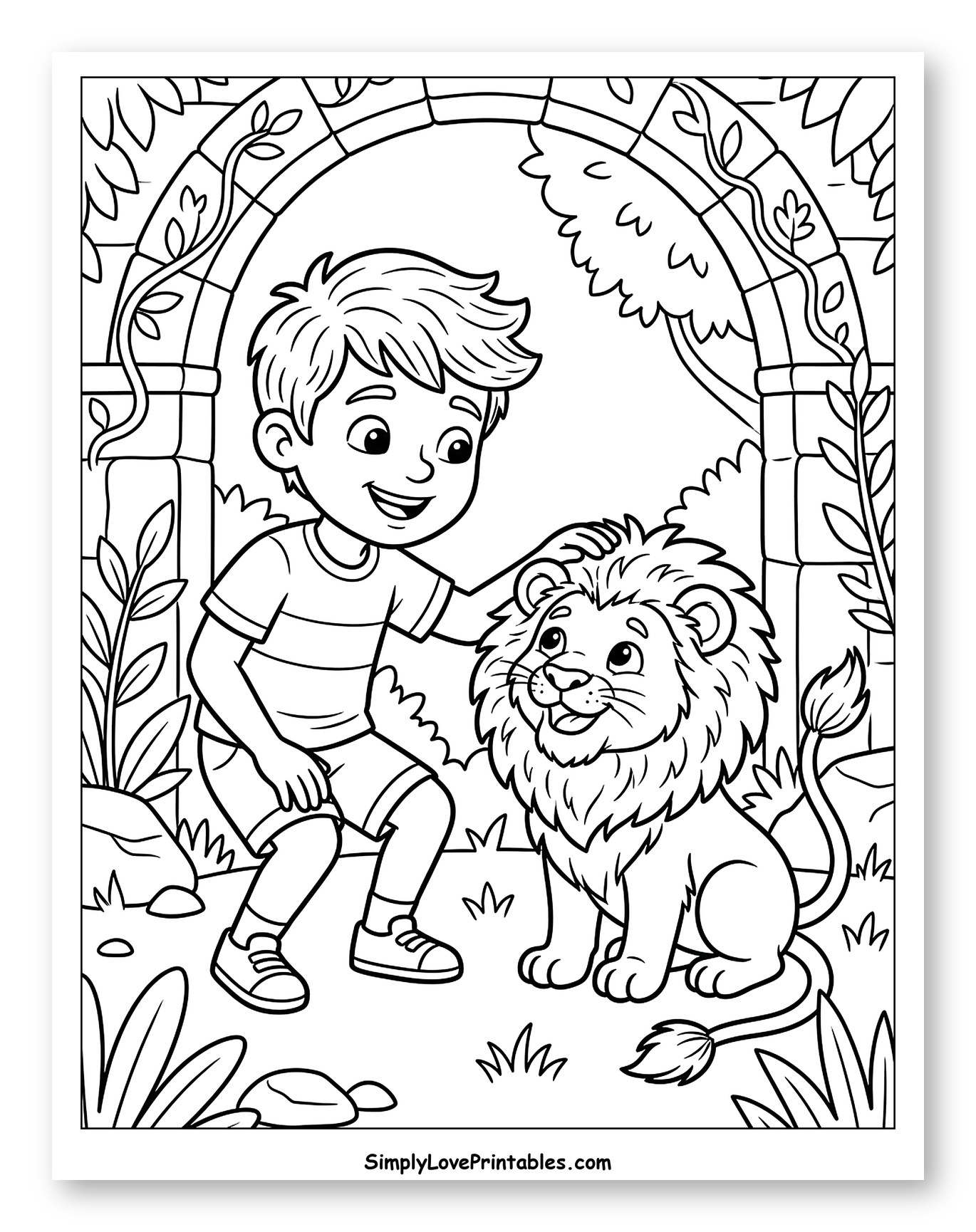 Daniel with a Friendly Lion Cub Coloring Page for Kids