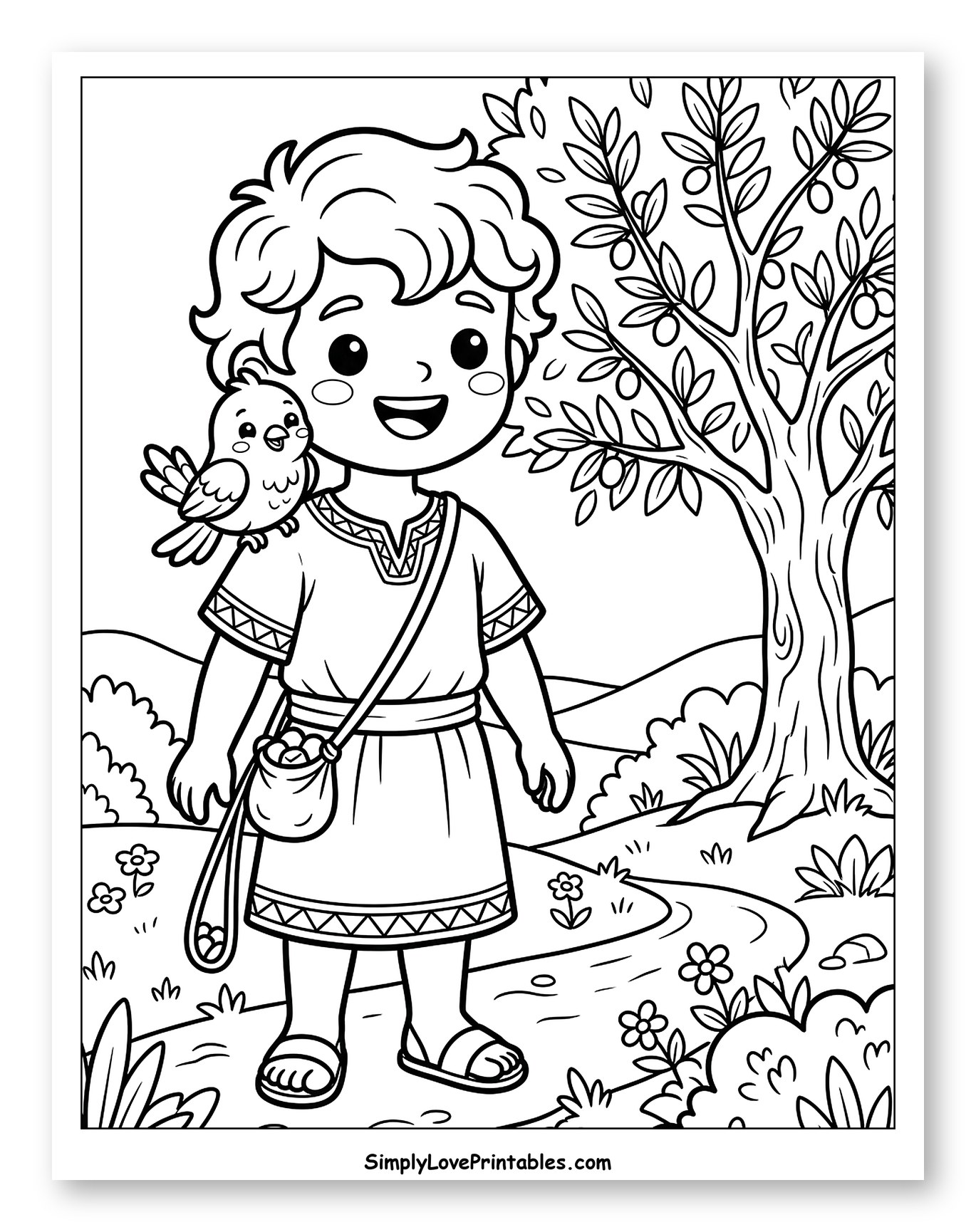 David and a Friendly Bird on His Shoulder Coloring Page for Kids