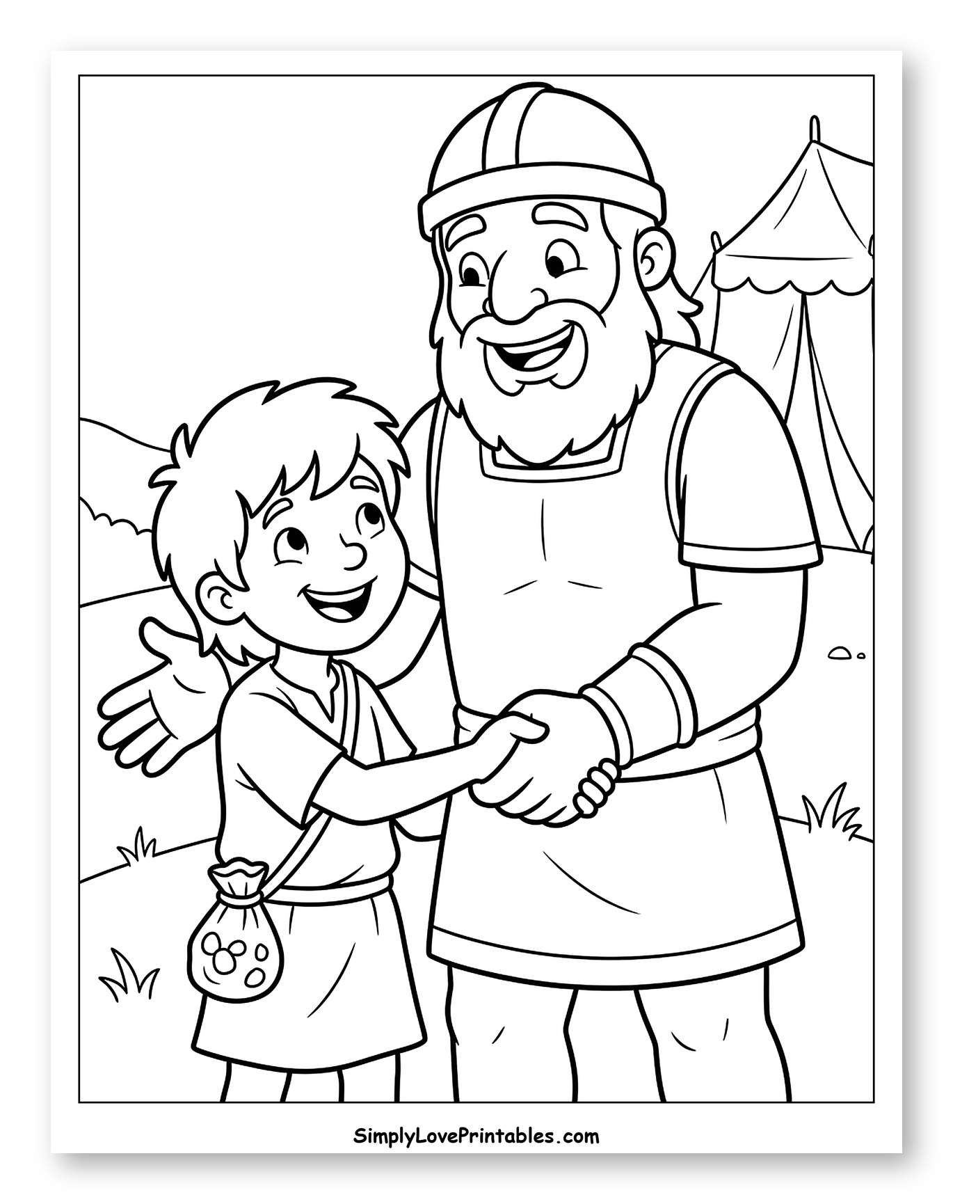 David and Goliath Shaking Hands Coloring Sheet for Kids
