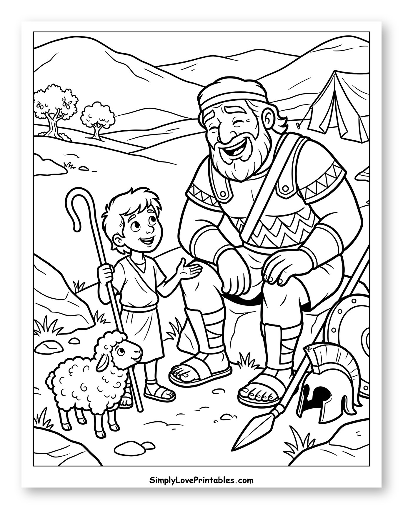 David and Goliath Sharing a Laugh to Color for Kids