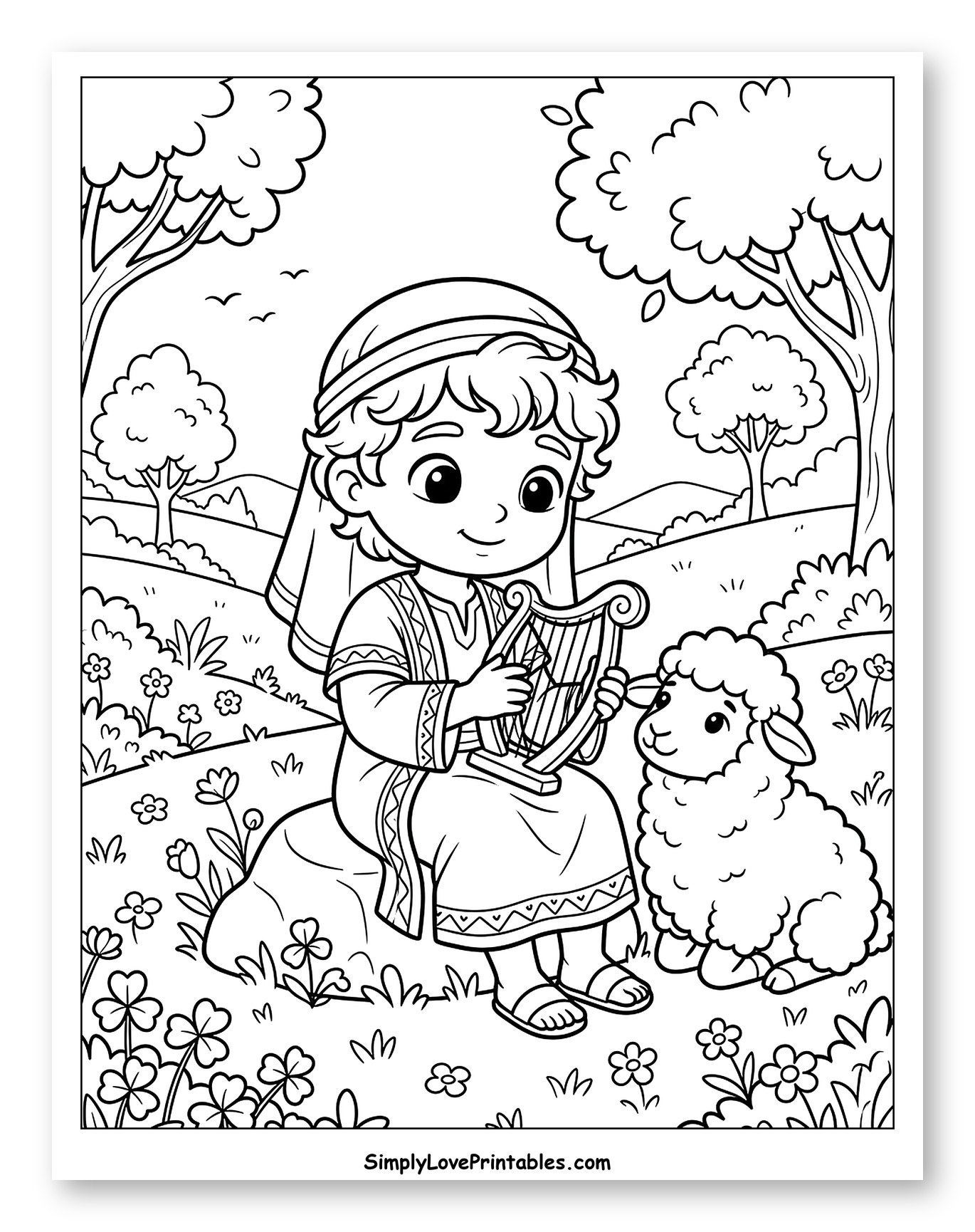 David Playing a Tiny Harp Coloring Page for Kids