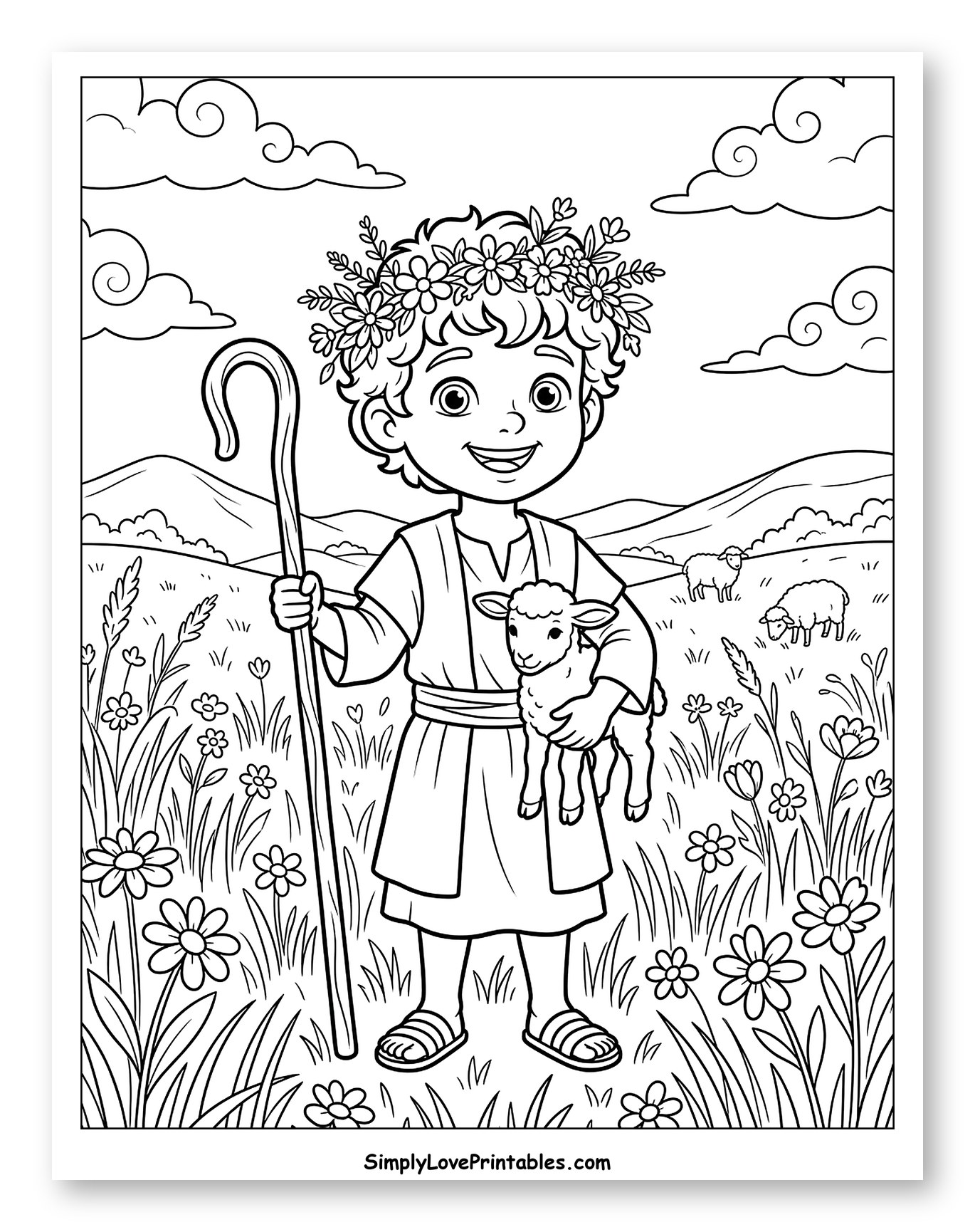 David with a Crown of Flowers Coloring Page for Kids