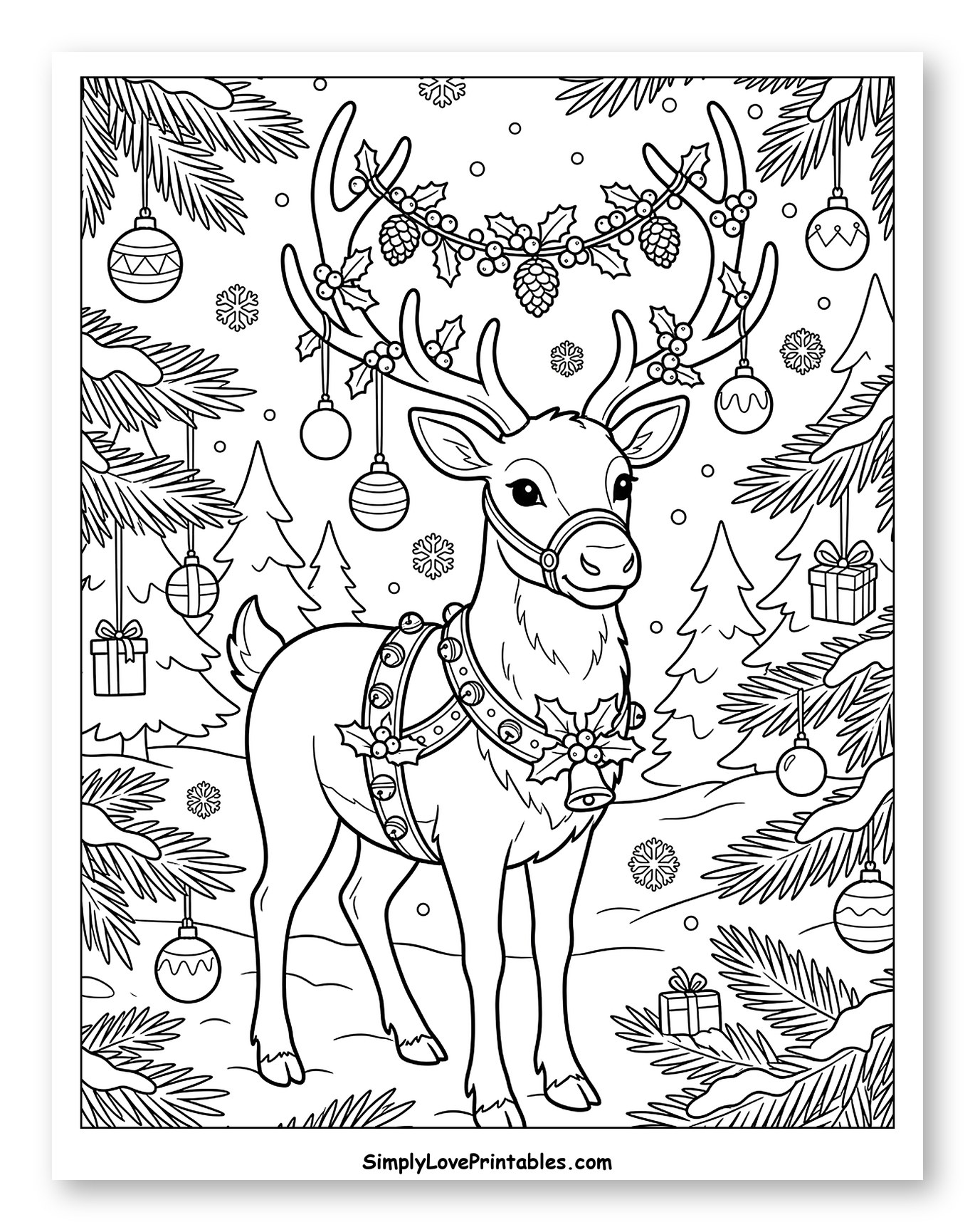 Decorated Christmas Reindeer in a Snowy Forest Coloring Sheet