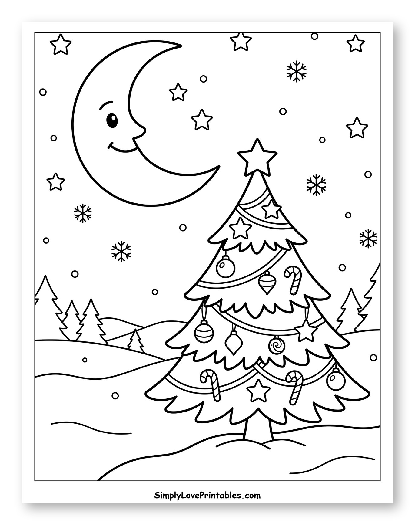Decorated Christmas Tree Under a Smiling Moon to Color for Kids
