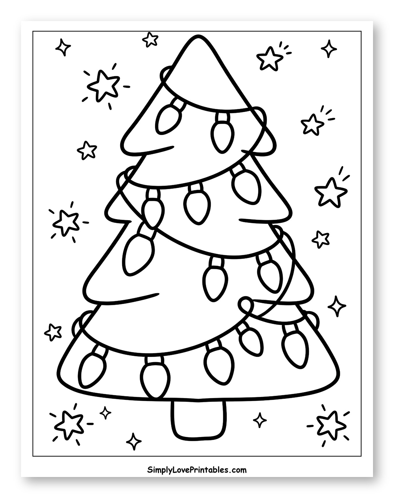 Decorated Christmas Tree with Glowing Stars Coloring Sheet for Adults