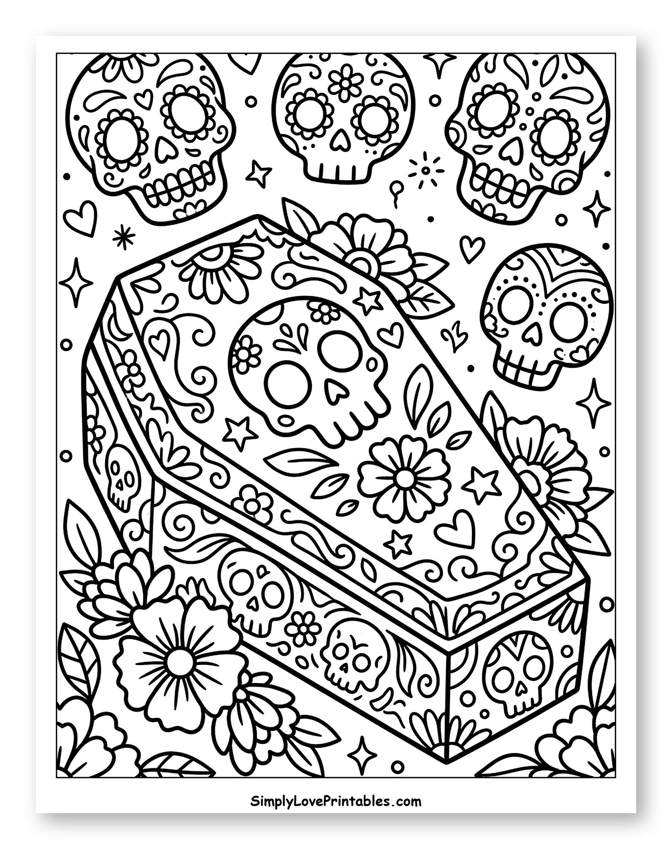 Decorated Coffin with Sugar Skulls and Flowers Coloring Sheet for Adults