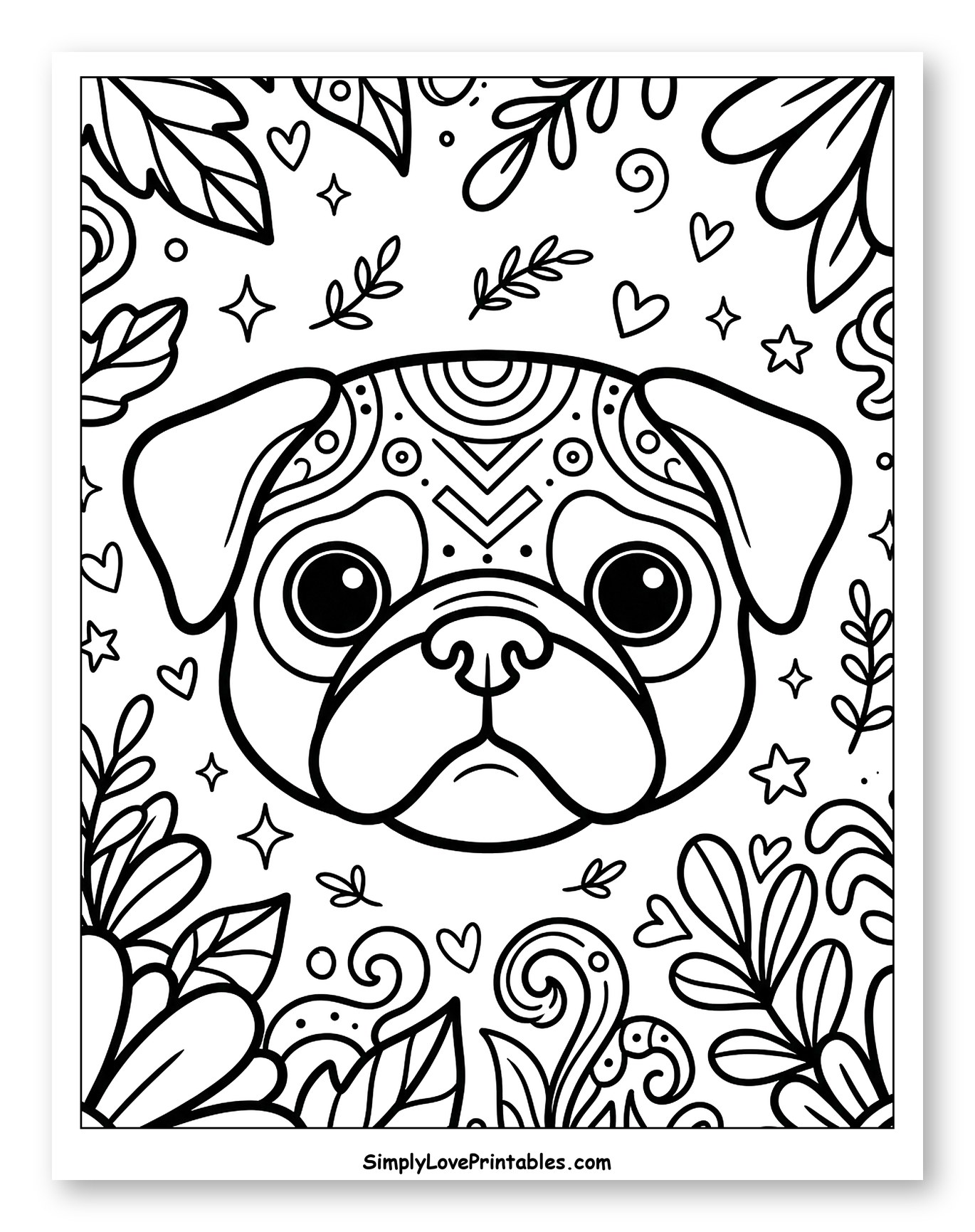 Decorated Pug Surrounded by Flowers and Stars Coloring Sheet for Adults