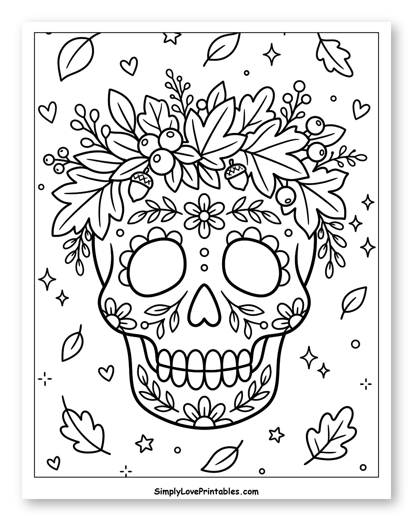 Decorated Sugar Skull with Autumn Foliage Coloring Sheet for Adults