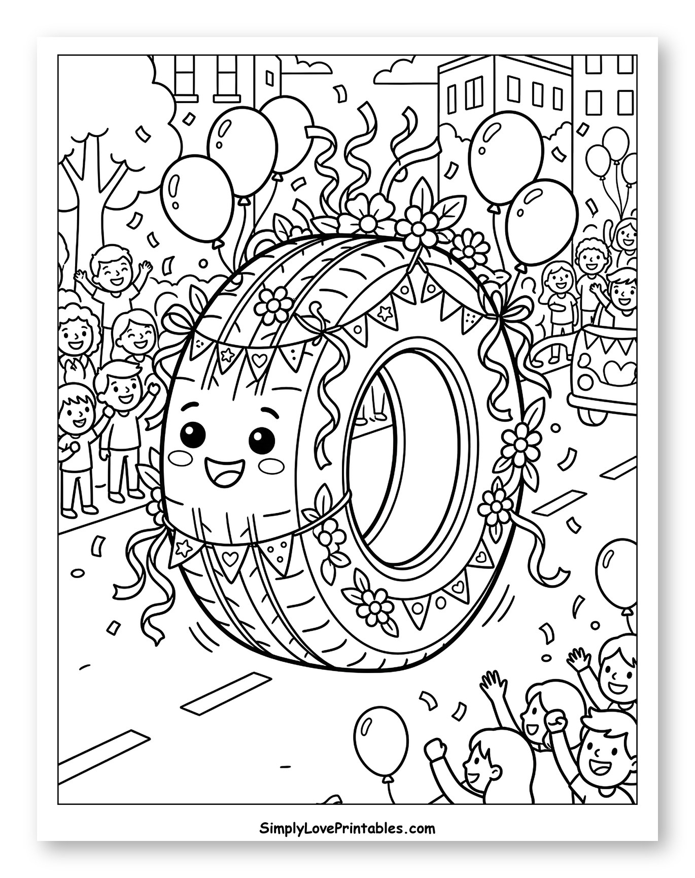 Decorated Tire Parade with Cheering Children Coloring Sheet for Kids