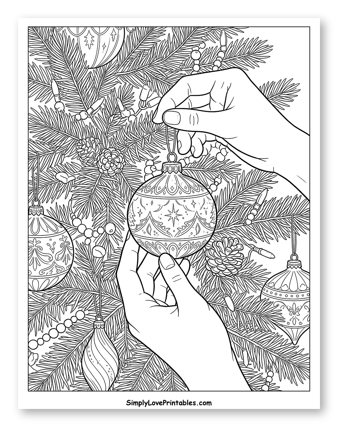 Decorating a Christmas Tree with Festive Ornaments Coloring Sheet