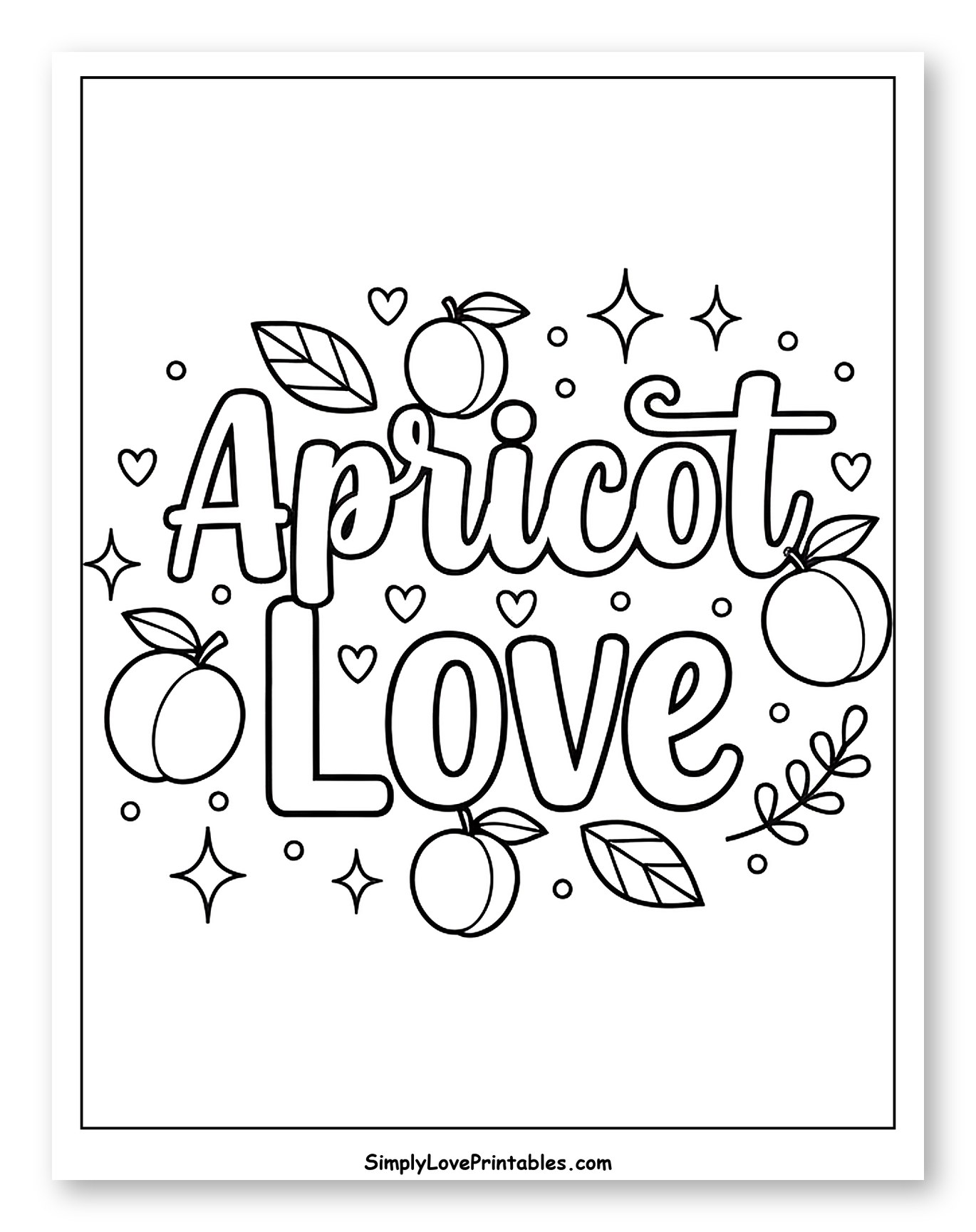 Decorative Apricot Love with Fruits and Hearts Coloring Sheet for Adults
