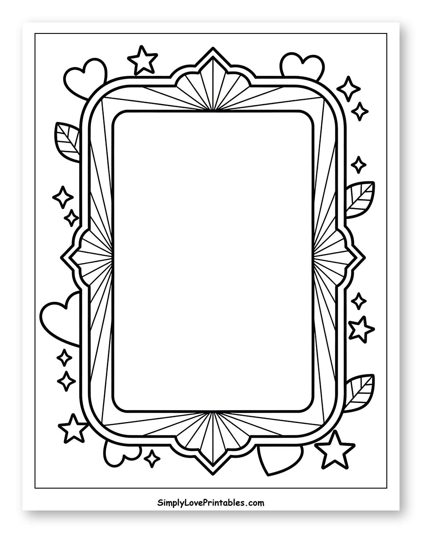 Decorative Art Deco Frame with Hearts and Stars Coloring Page for Adults