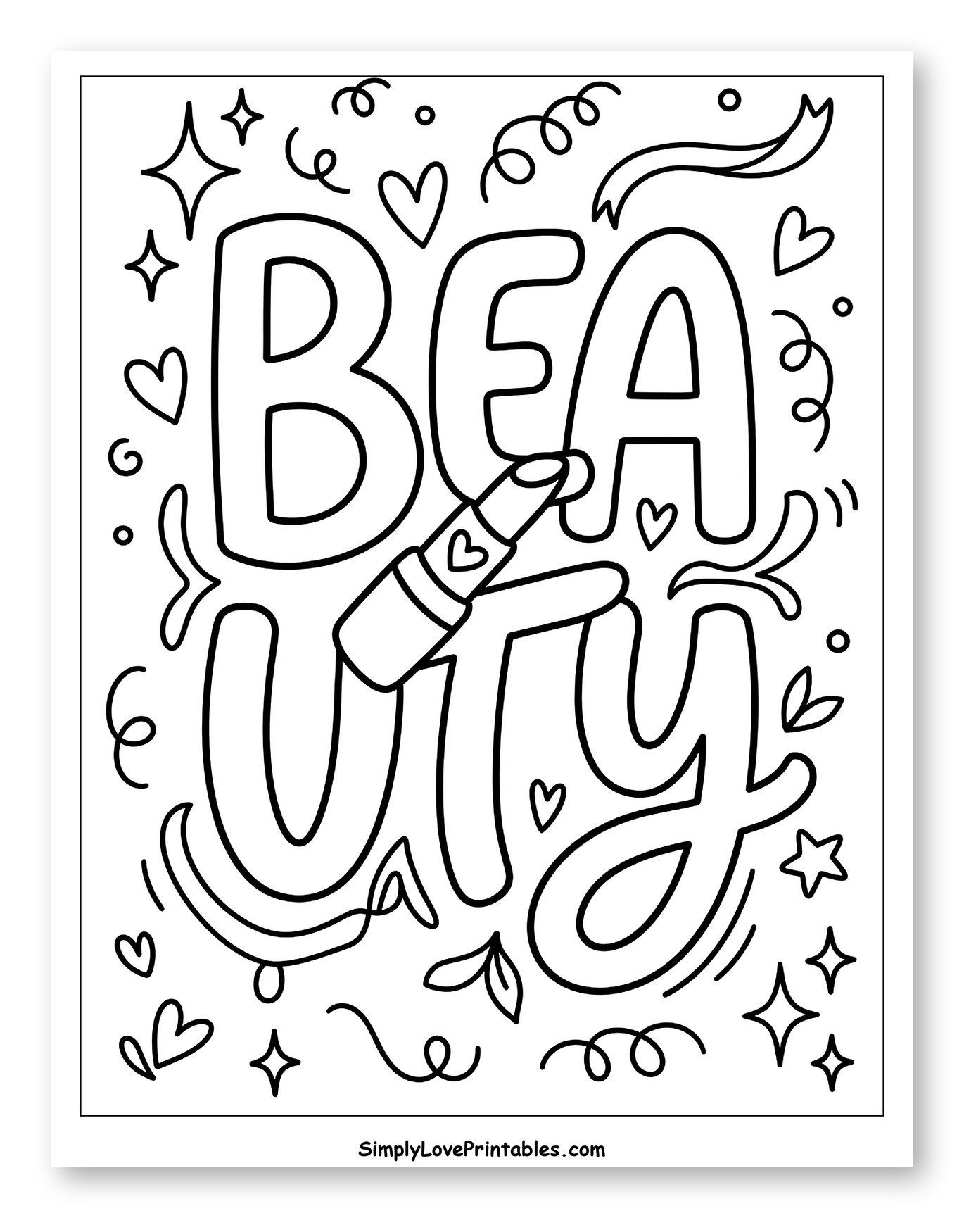 Decorative Beauty Lettering with Lipstick Illustration to Color for Adults