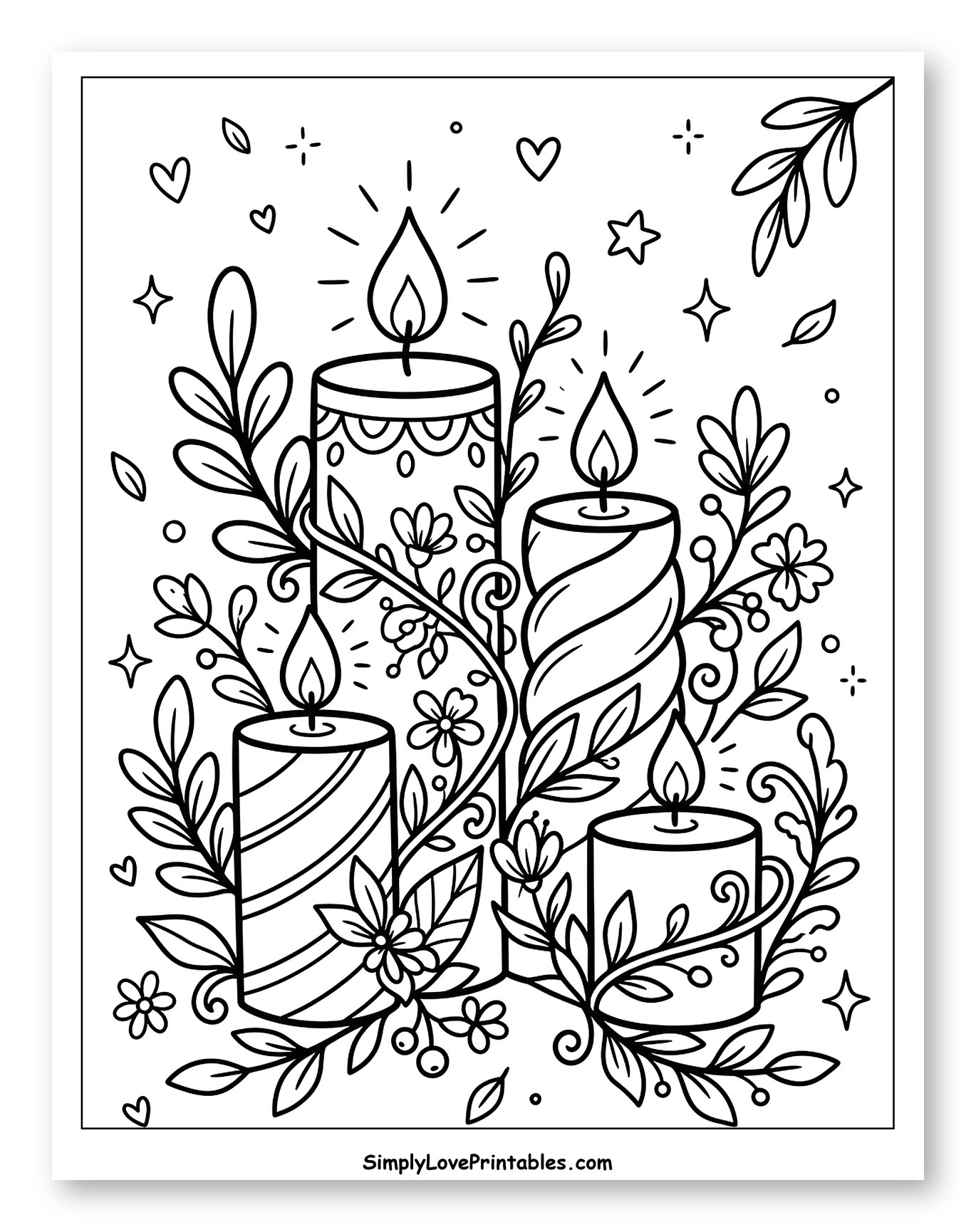 Decorative Candles with Berries, Flowers, and Leaves to Color for Adults
