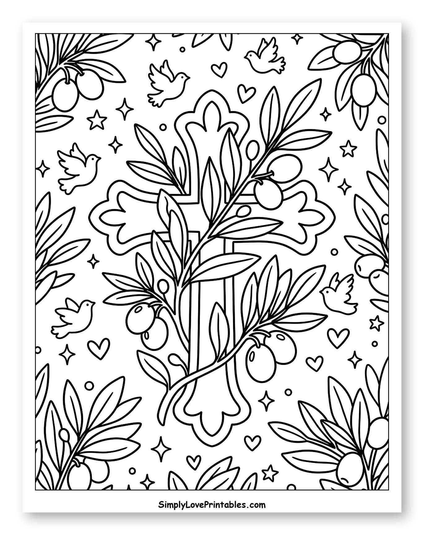 Decorative Christian Cross with Olive Branches and Doves to Color for Adults
