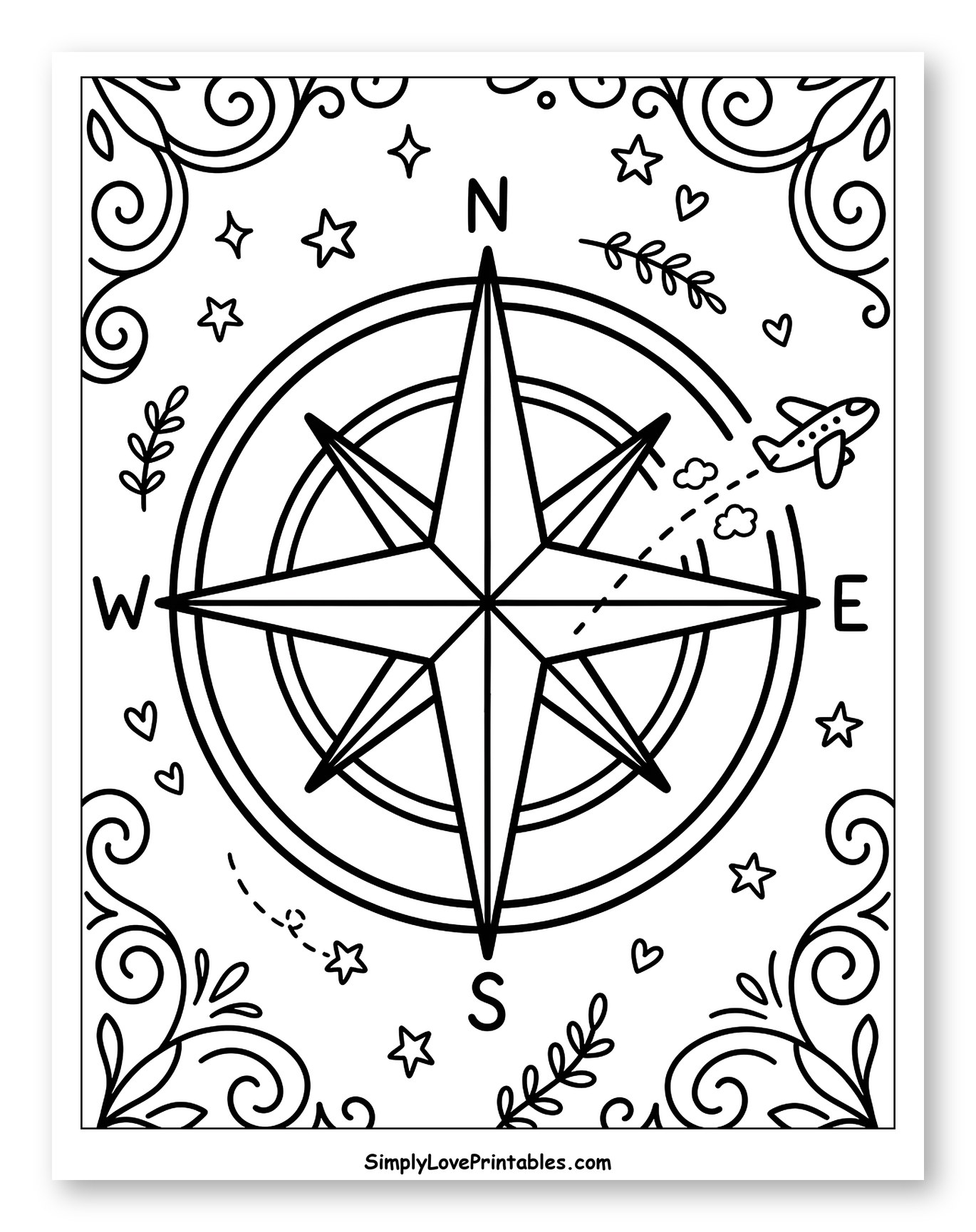 Decorative Compass Rose with Flying Airplane