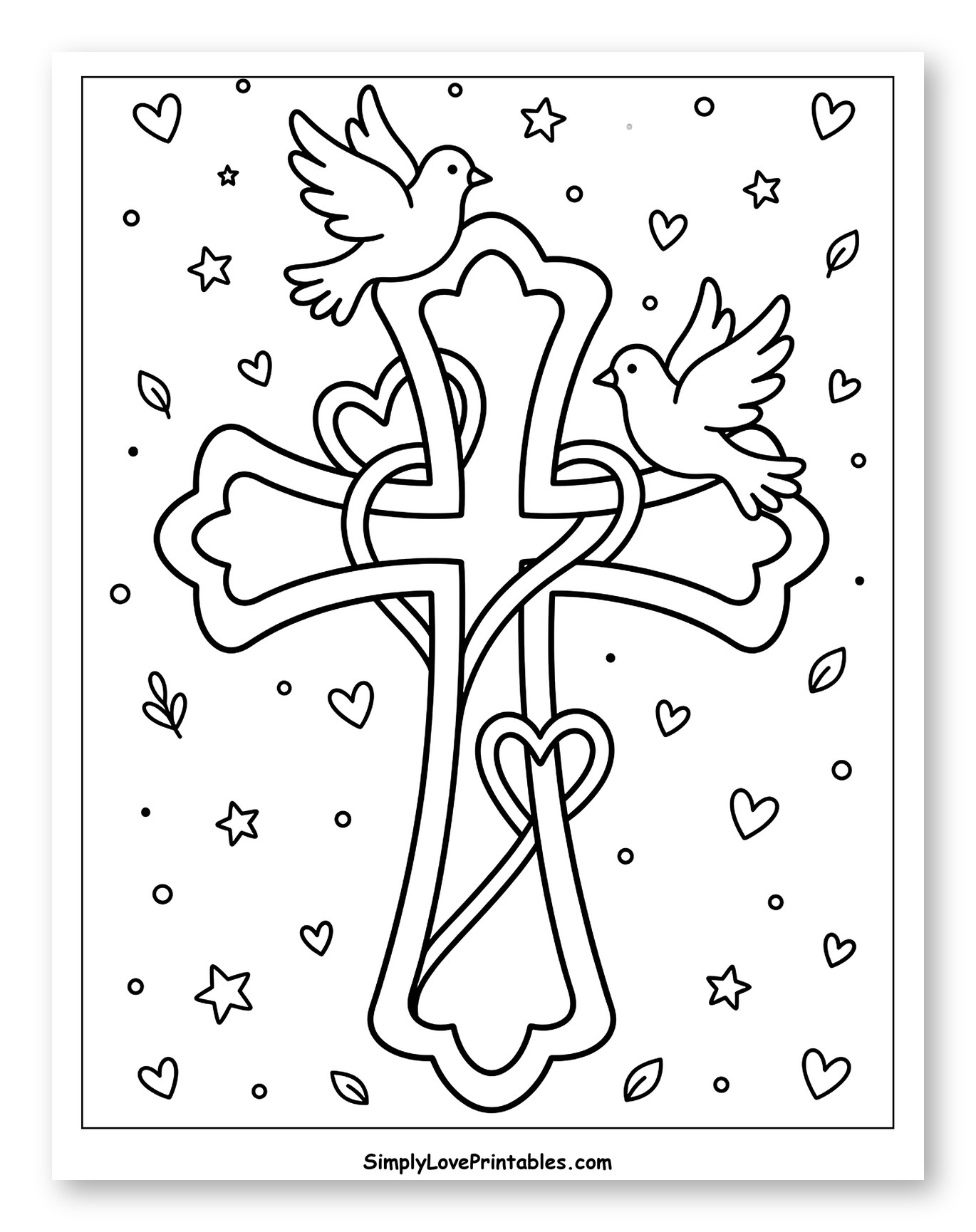Decorative Cross with Doves and Hearts to Color for Adults