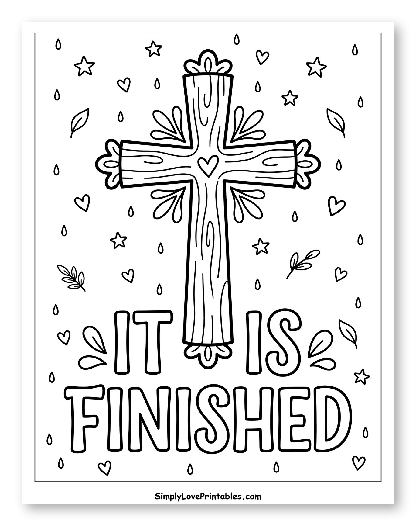 Decorative Cross with 'It Is Finished' Phrase to Color for Adults