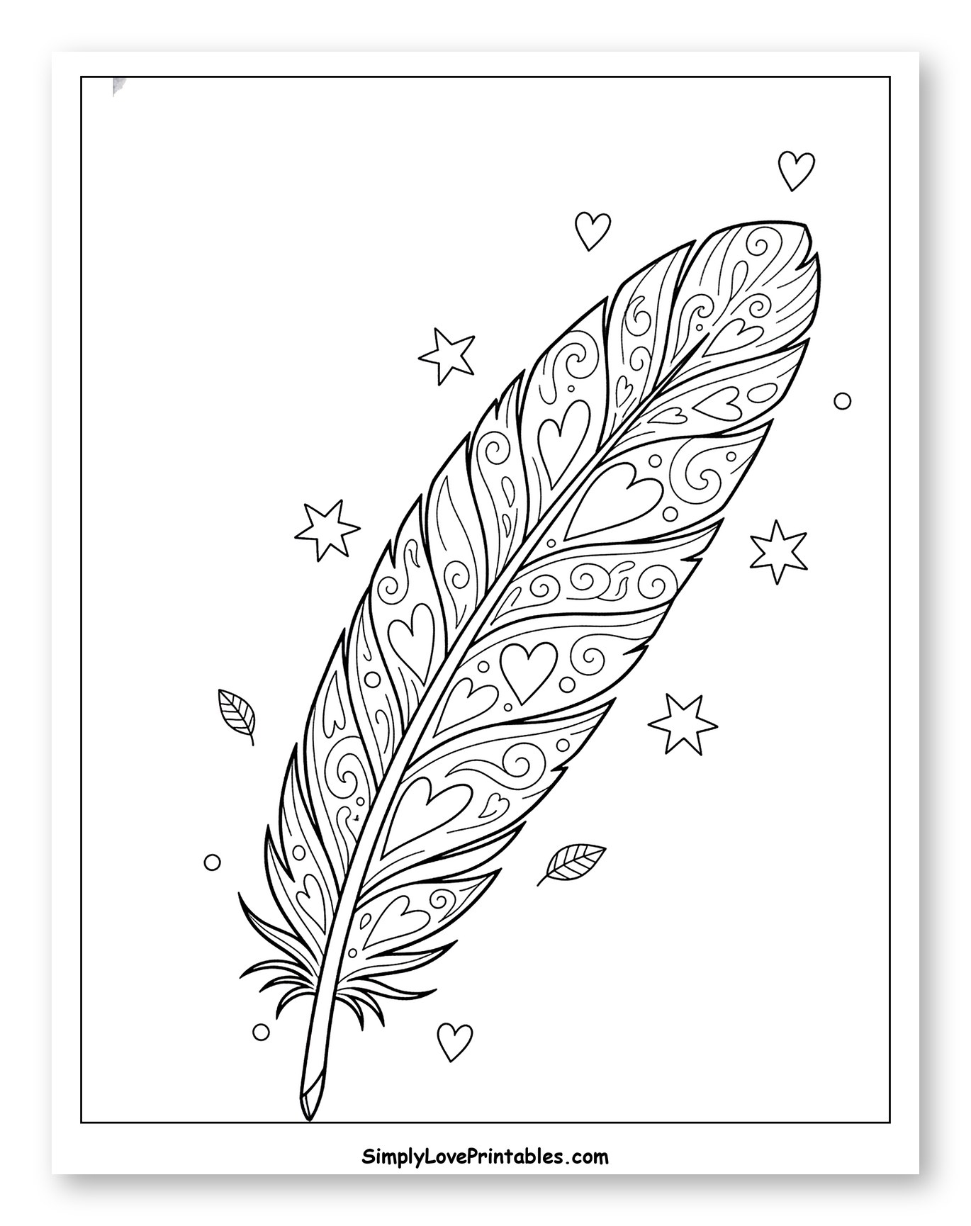 Decorative Feather with Hearts and Stars to Color for Adults