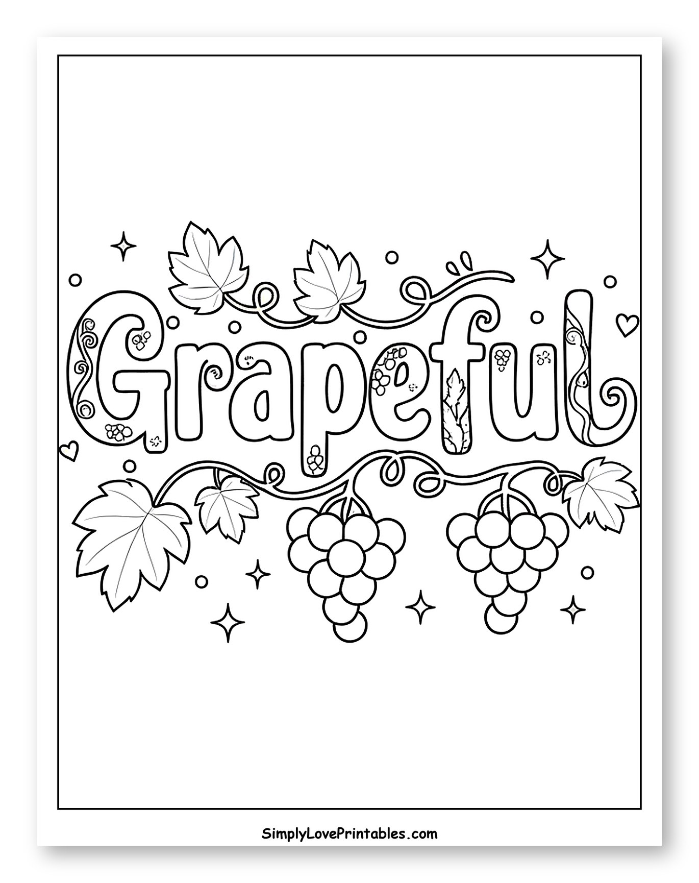 Decorative Grapeful Lettering with Grape Clusters Coloring Sheet for Adults