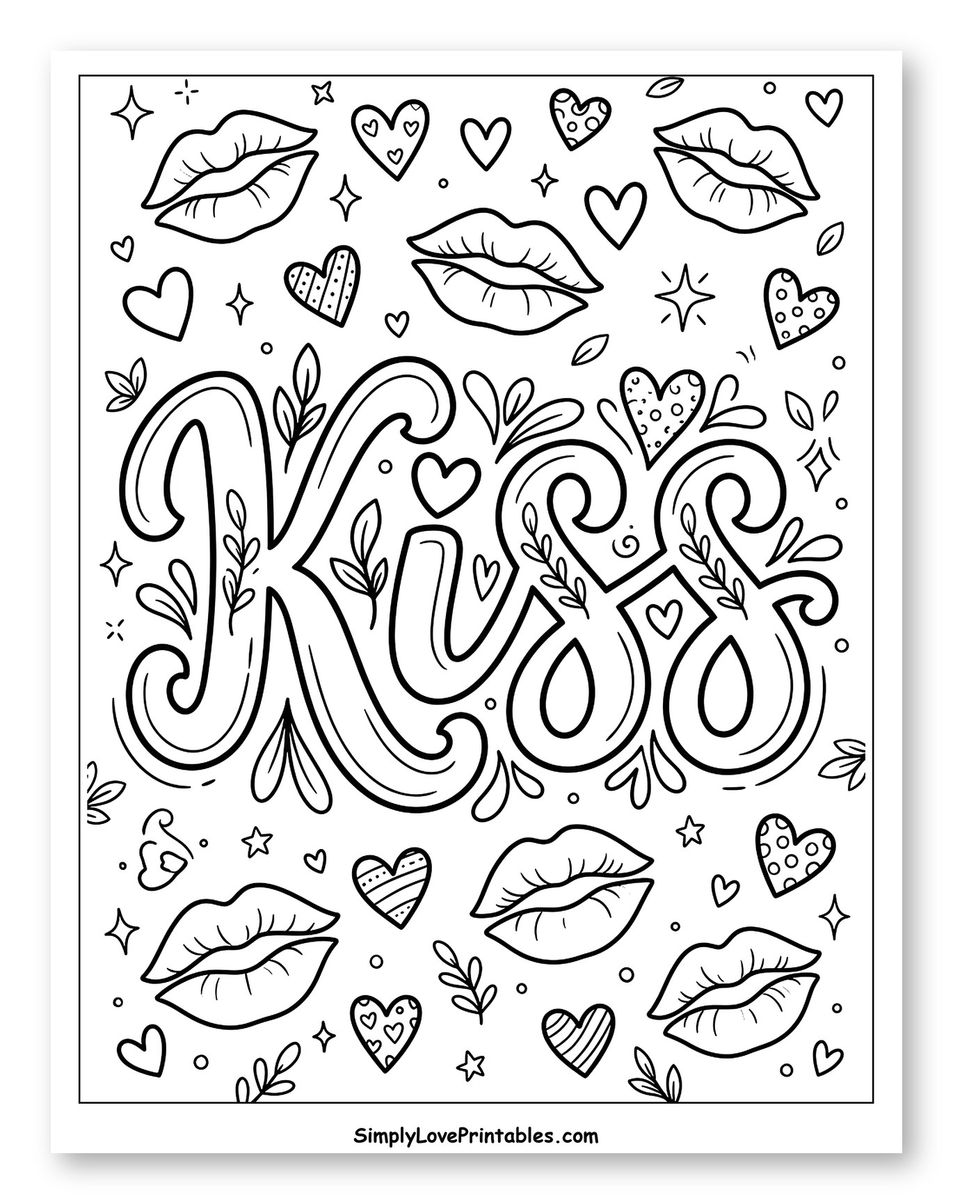 Decorative Kiss with Lips and Hearts Coloring Sheet for Adults