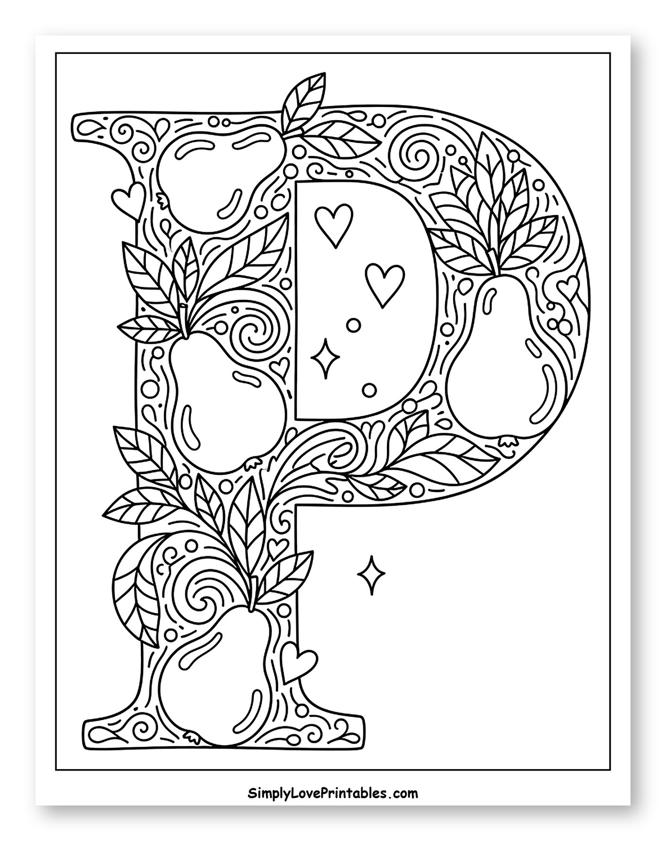 Decorative Letter P with Pears and Leaves Coloring Page for Adults