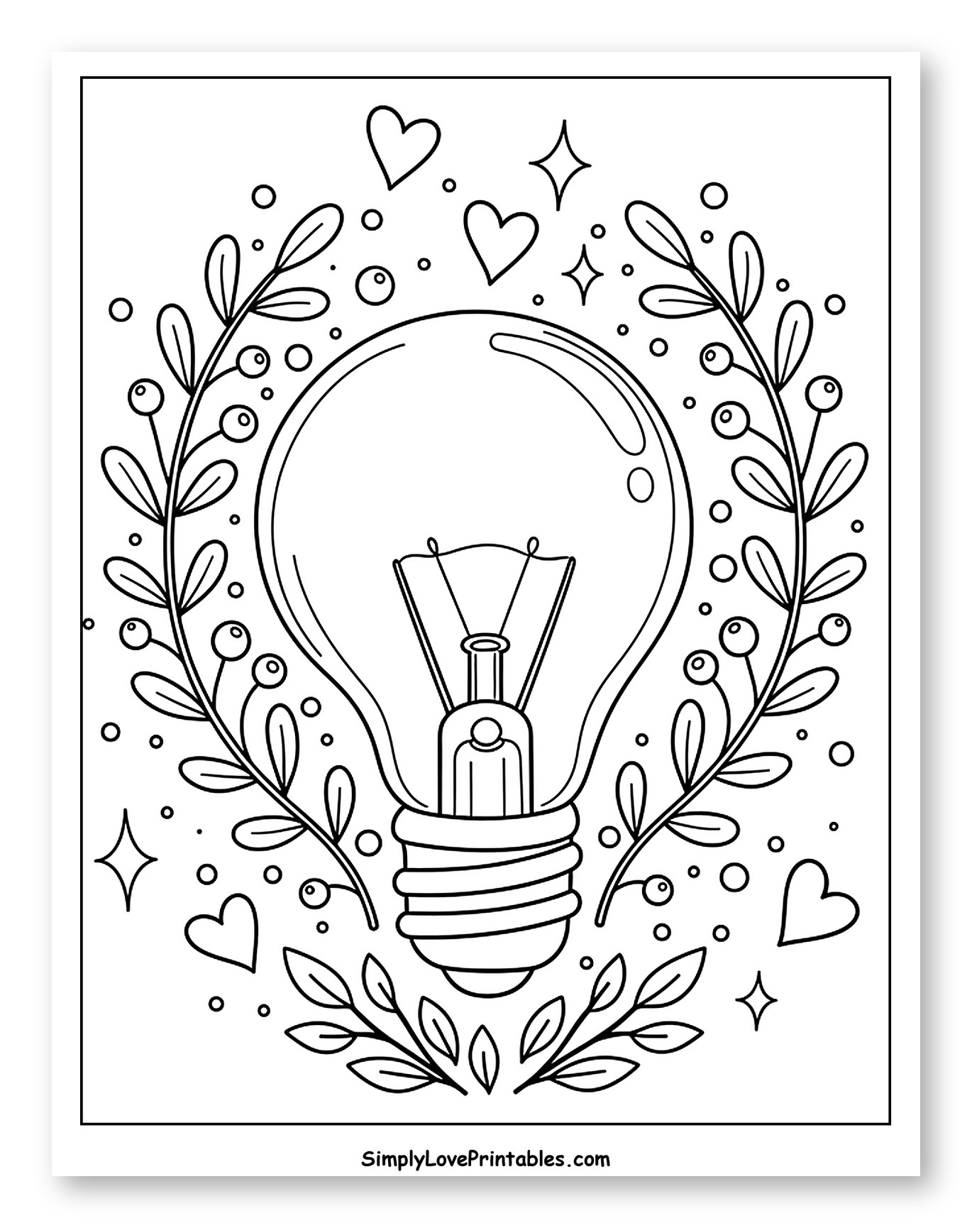 Decorative Light Bulb with Hearts and Berries Coloring Page for Adults