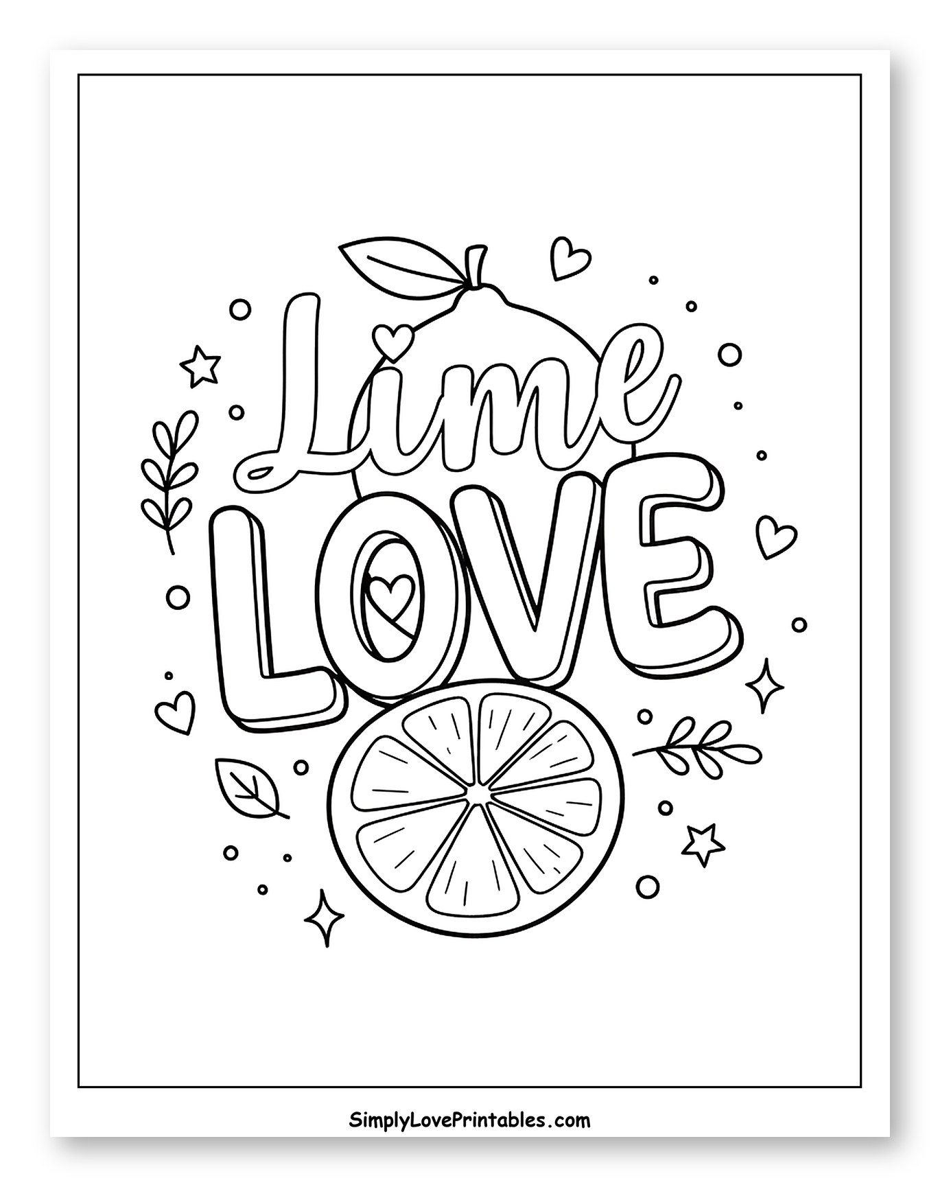 Decorative Lime Love Lettering with Fruit and Hearts Coloring Page for Adults