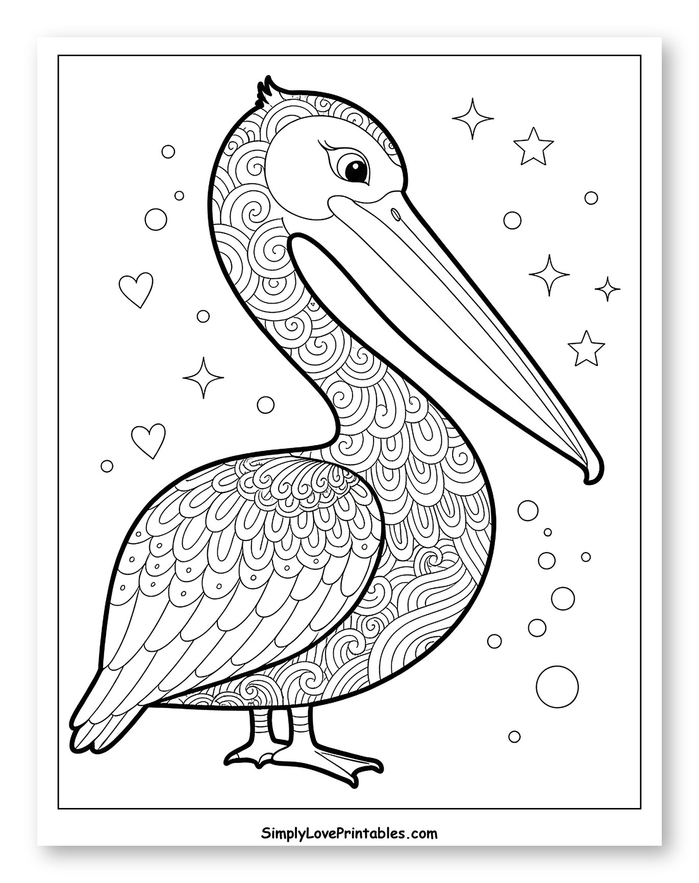 Decorative Pelican with Hearts, Stars, and Bubbles
