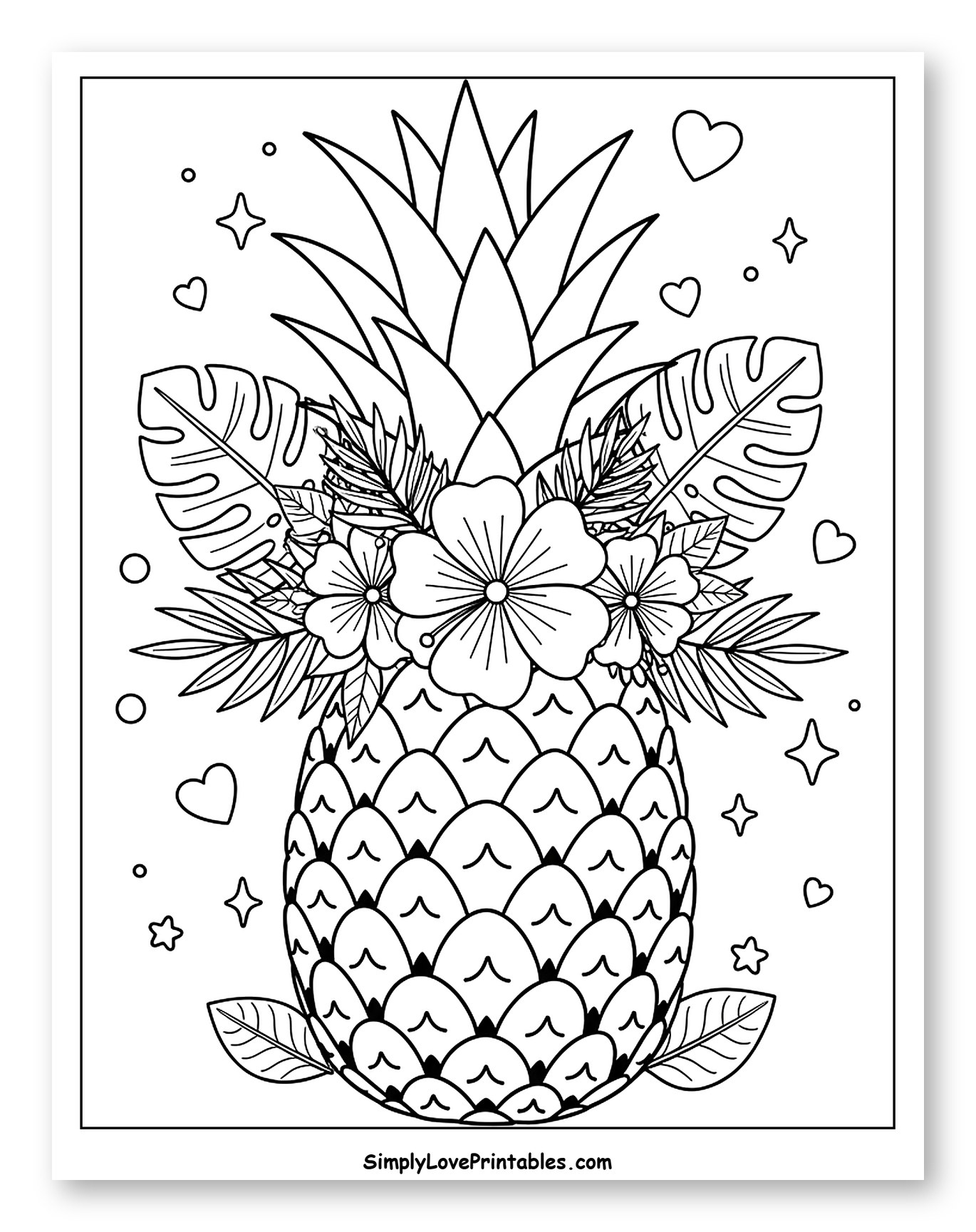 Decorative Pineapple with Tropical Flowers and Leaves Coloring Sheet for Adults