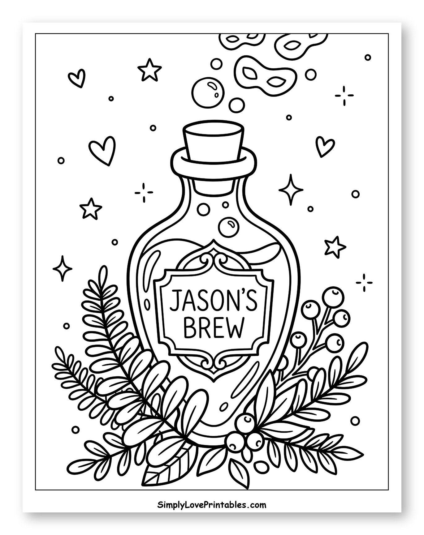 Decorative Potion Bottle Labeled Jason's Brew Coloring Sheet for Adults