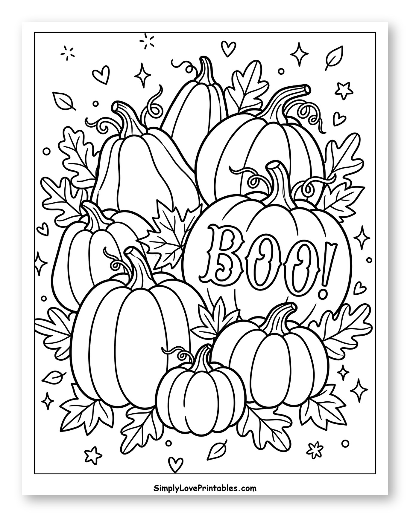 Decorative Pumpkins with BOO! and Autumn Accents Coloring Page for Adults