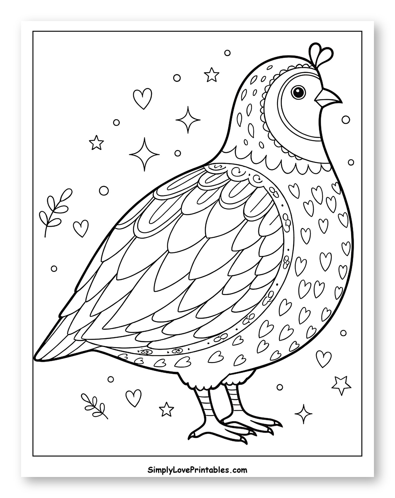 Decorative Quail with Hearts and Stars Coloring Sheet for Adults