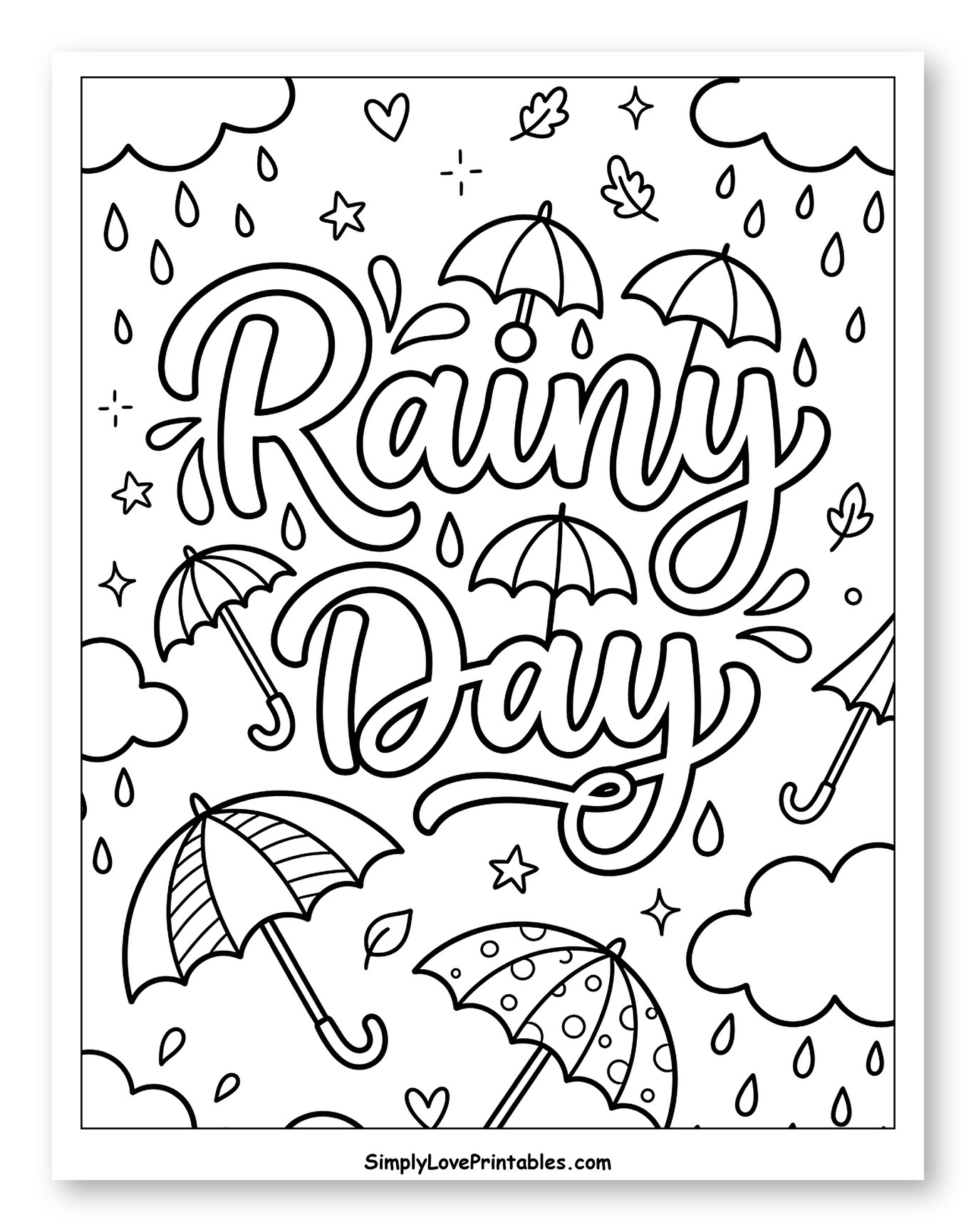 Decorative Rainy Day Lettering and Umbrellas Coloring Sheet for Adults