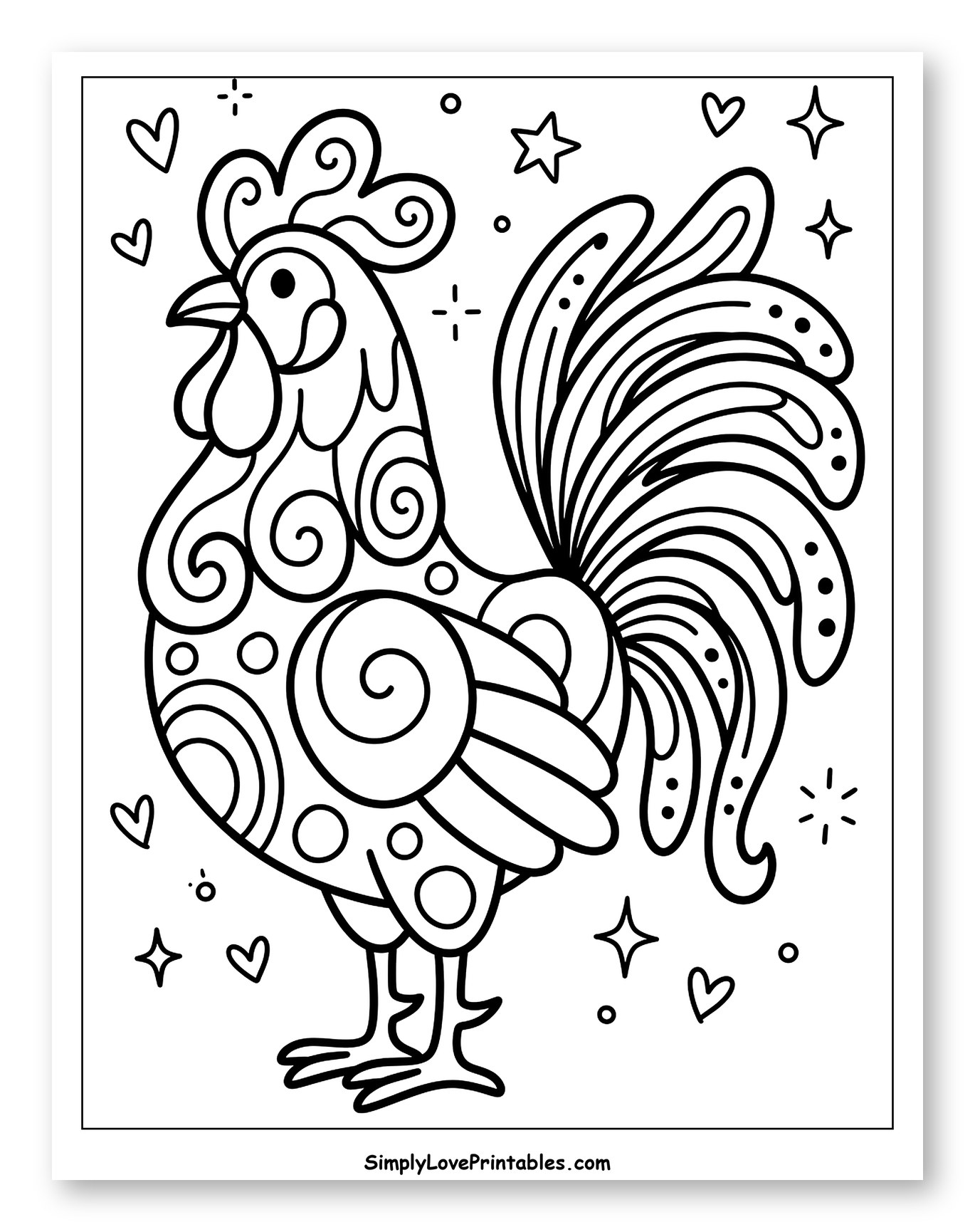 Decorative Rooster with Hearts and Stars Coloring Page for Adults