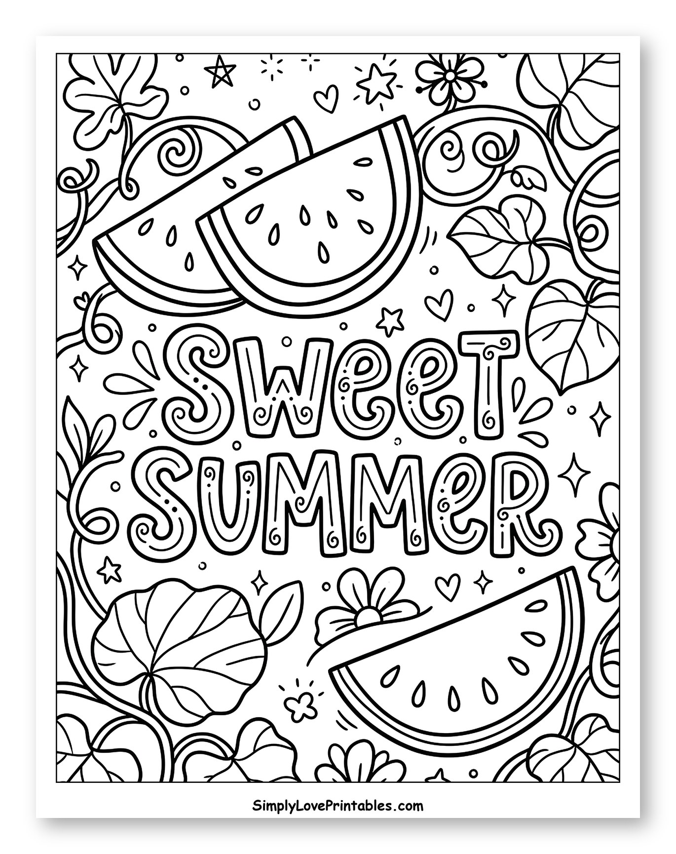 Decorative Sweet Summer Watermelons and Foliage Coloring Page for Adults
