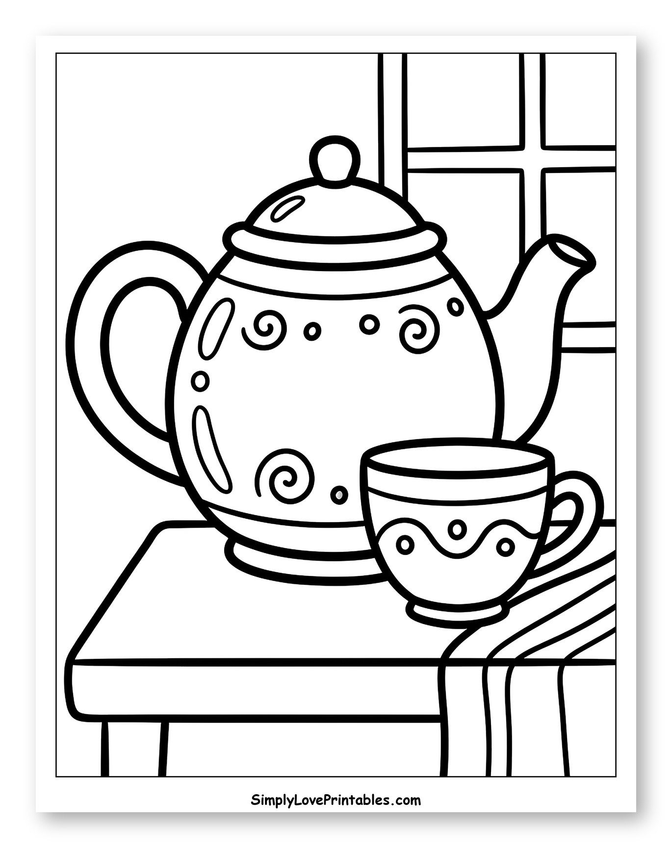 Decorative Teapot and Teacup by Window to Color for Toddlers