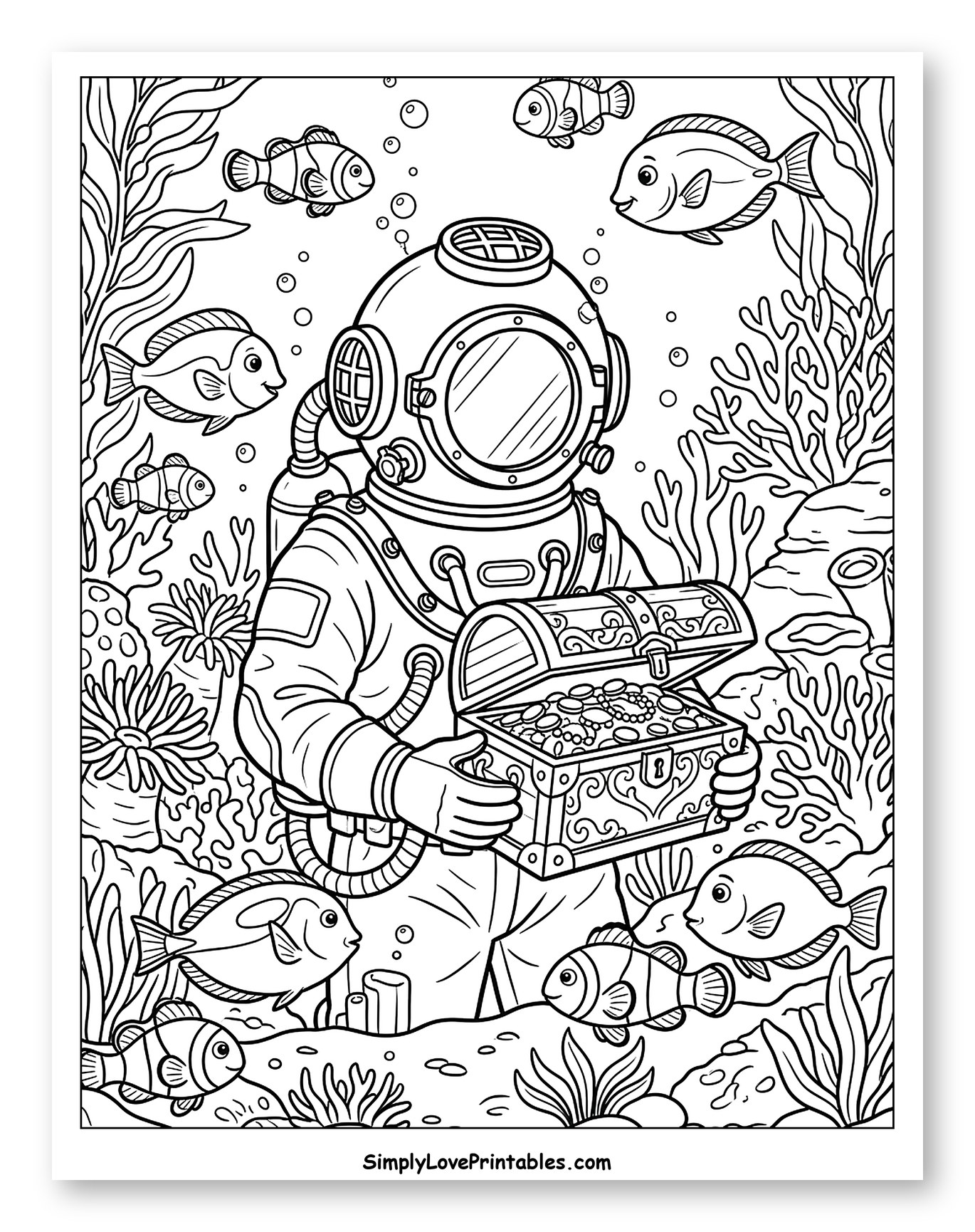 Deep Sea Diver with Sunken Treasure Chest to Color for Kids