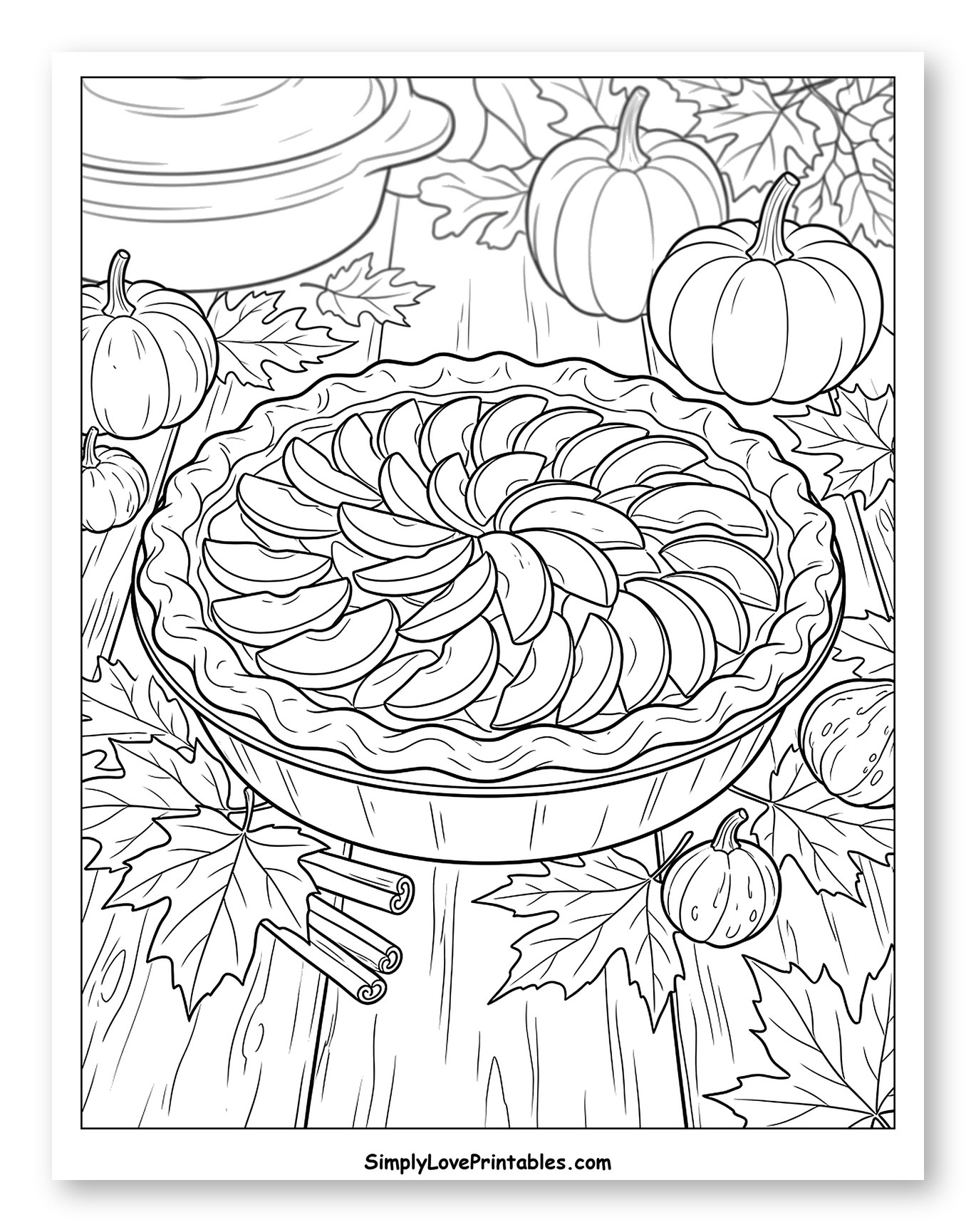 Delicious Apple Pie with Fall Decorations Coloring Page
