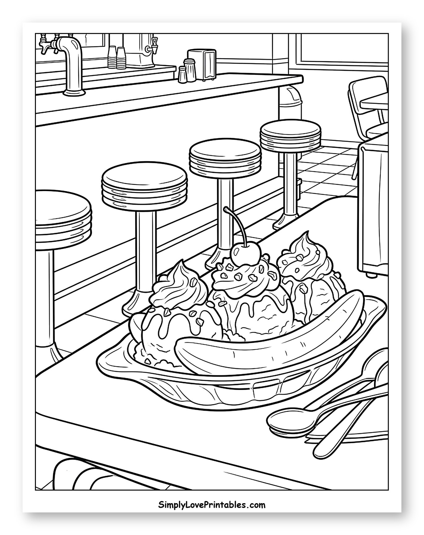 Delicious Banana Split in a Retro Diner Coloring Sheet