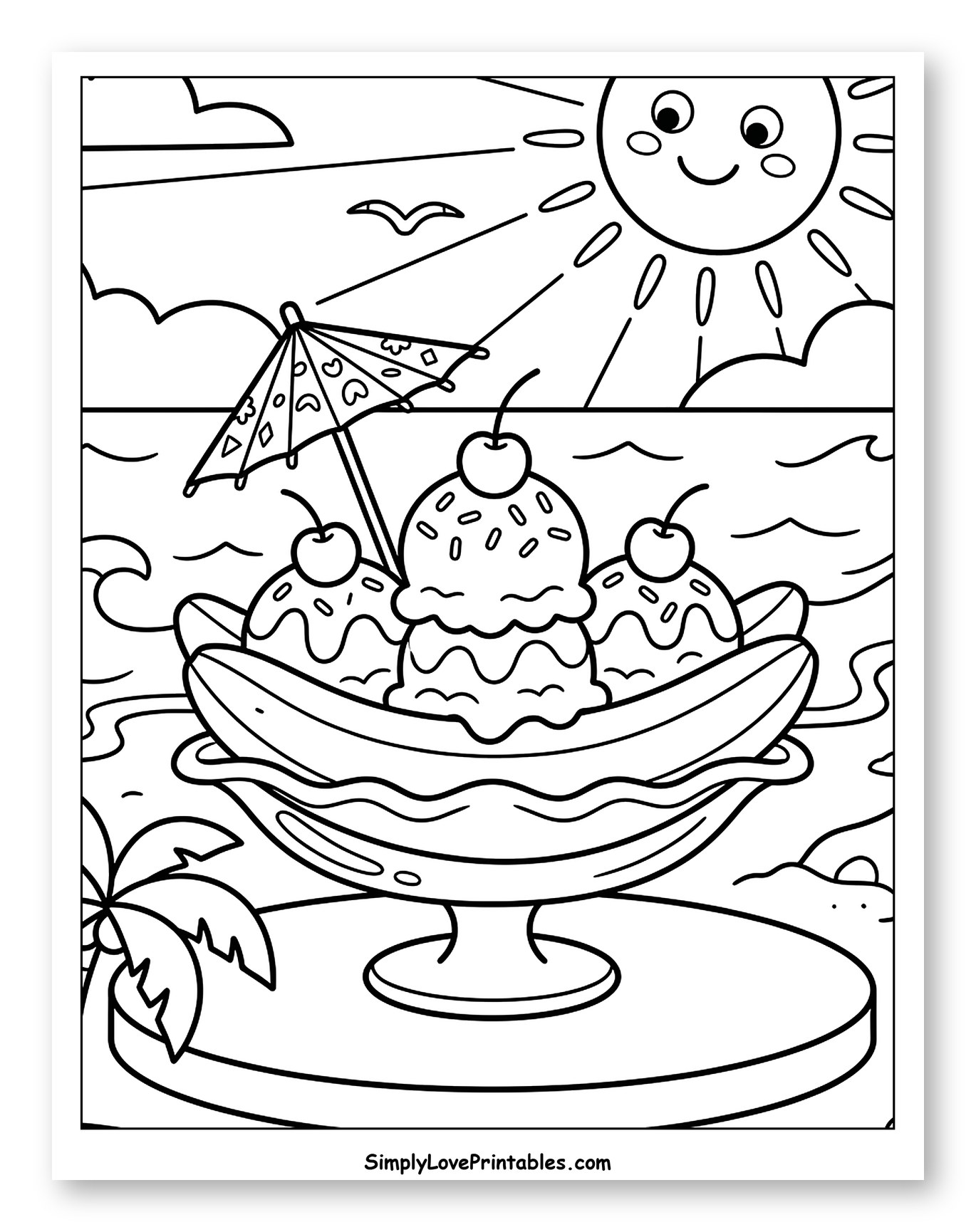 Delicious Banana Split under a Smiling Sun Coloring Sheet for Kids