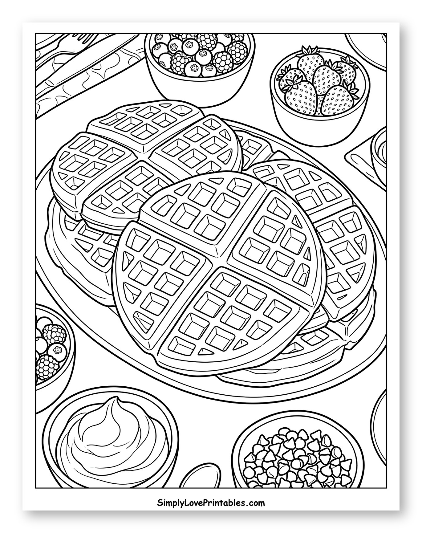 Delicious Breakfast Waffles with Fruit and Toppings Coloring Page
