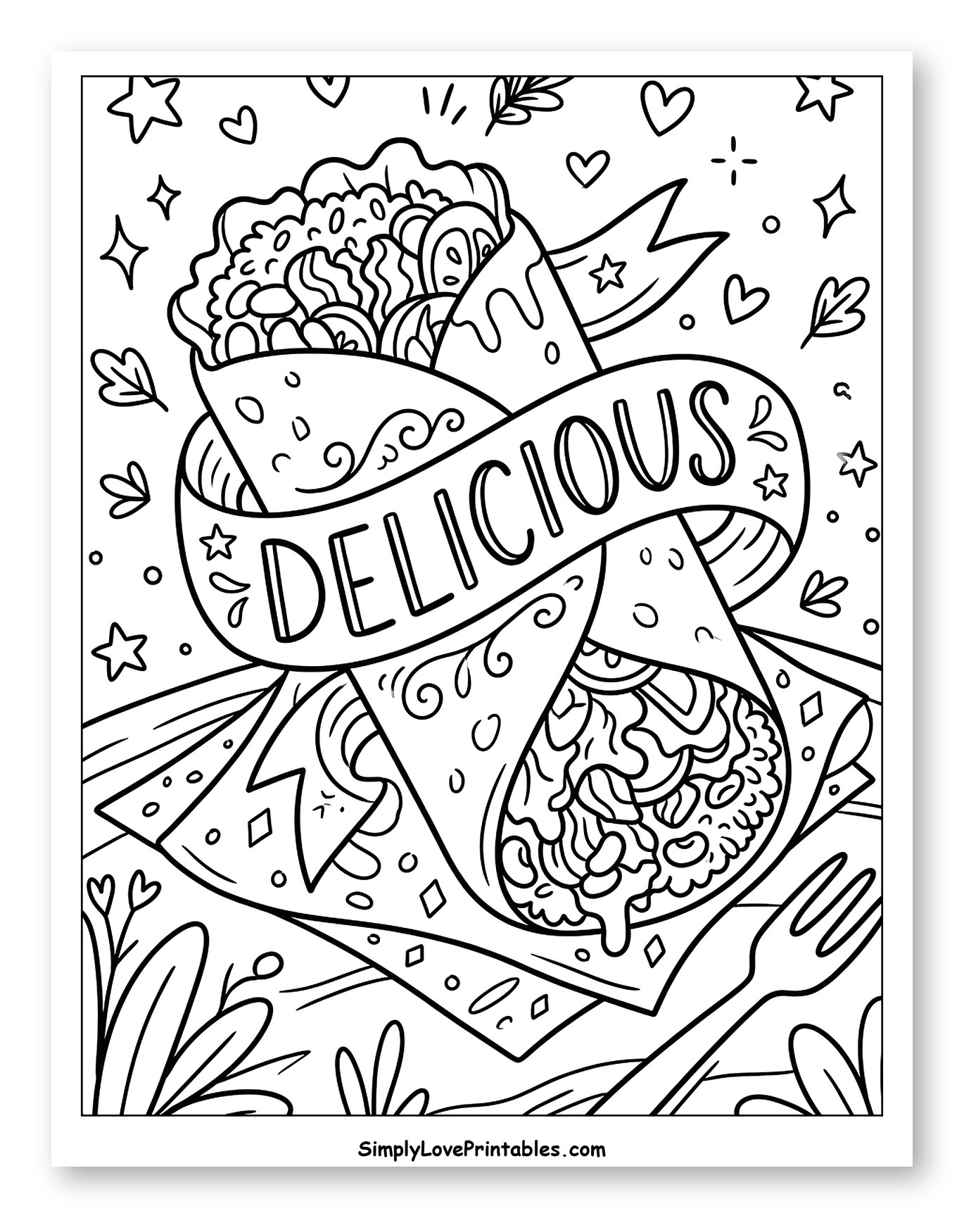 Delicious Burritos with Stars and Leaves Coloring Page for Adults
