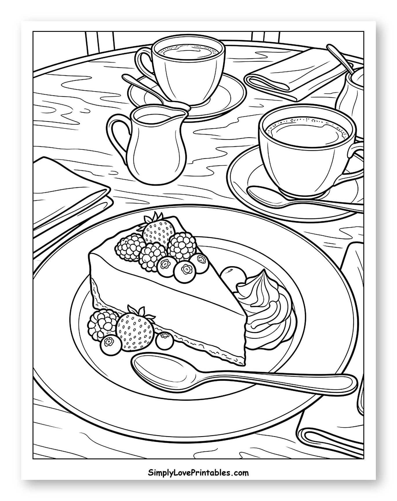 Delicious Cheesecake with Berries and Coffee Coloring Sheet