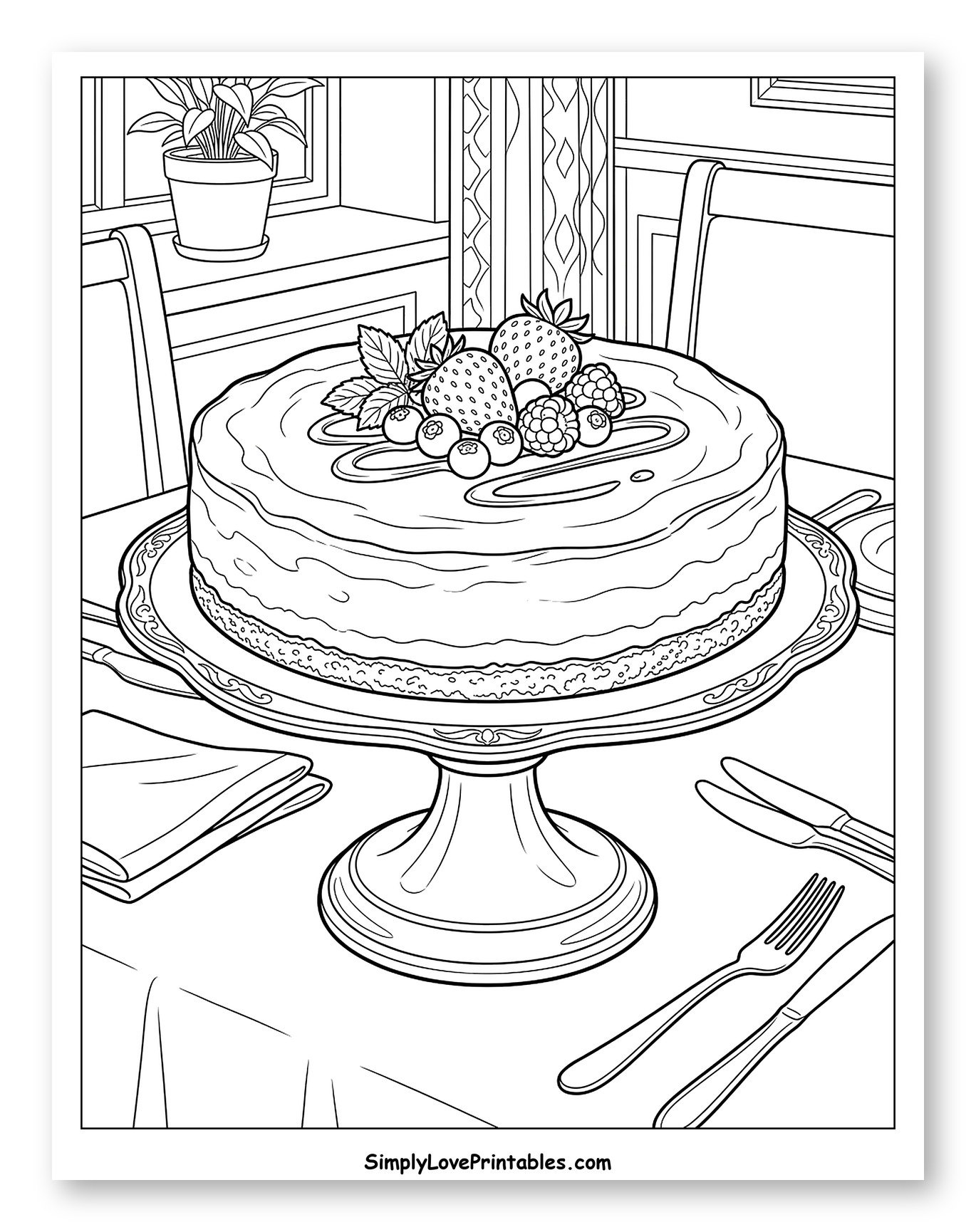 Delicious Cheesecake with Berries on a Table Coloring Sheet