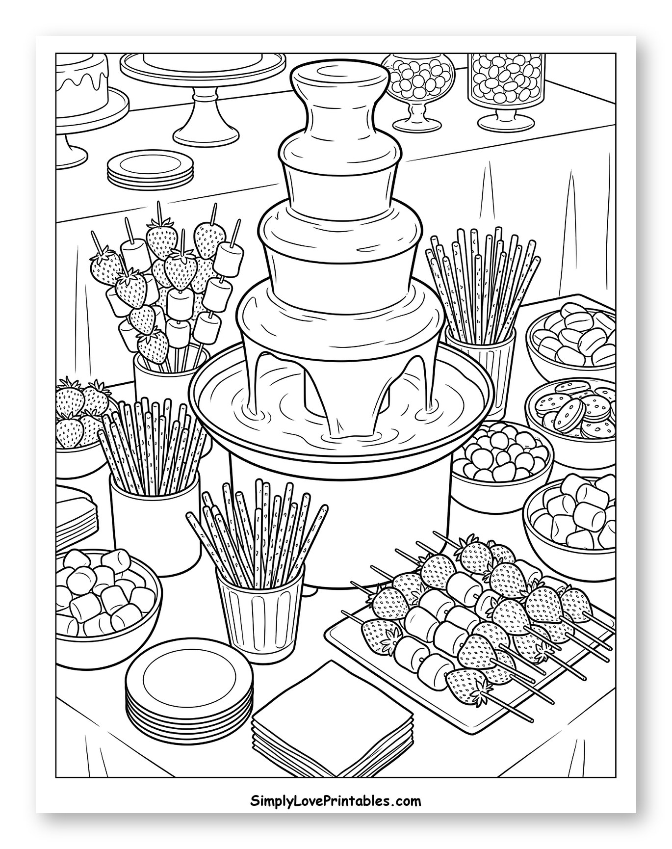Delicious Chocolate Fountain and Candy Spread Coloring Sheet